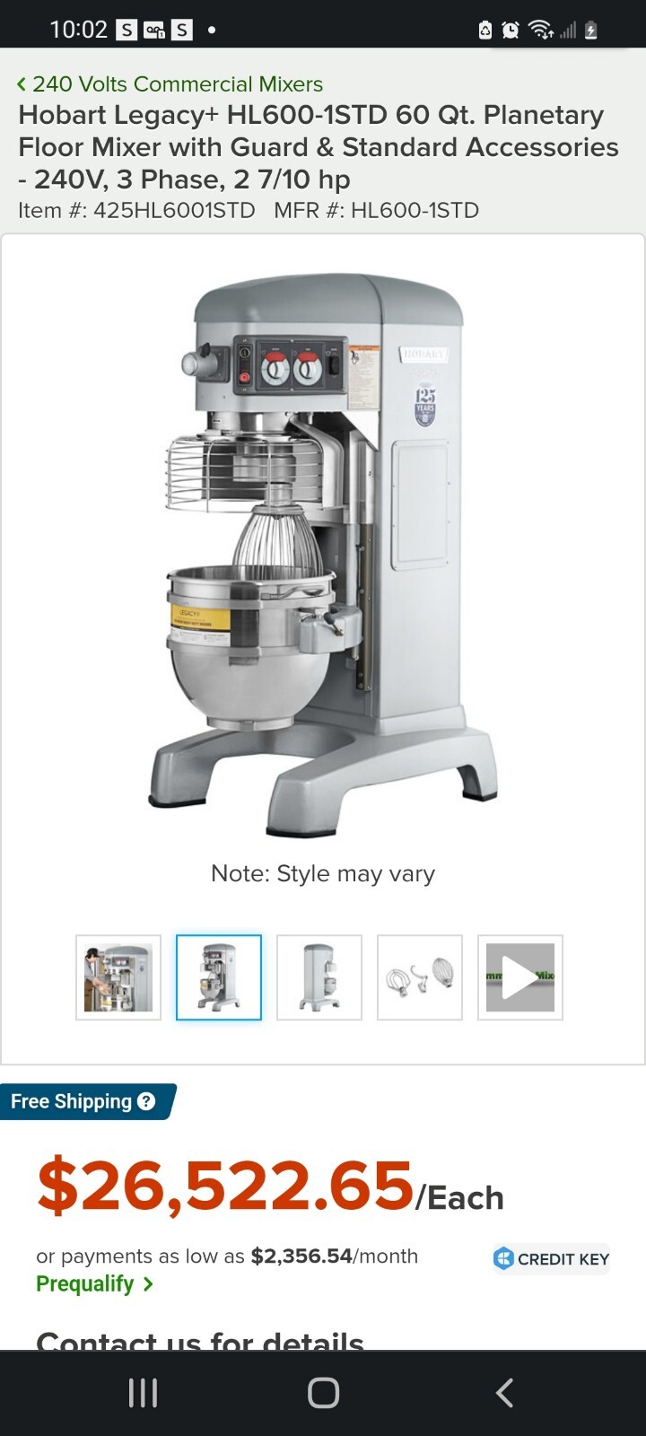 Hobart 60 Qt. Planetary Floor Mixer with Guard & Standard Accessories, 240V/3ph