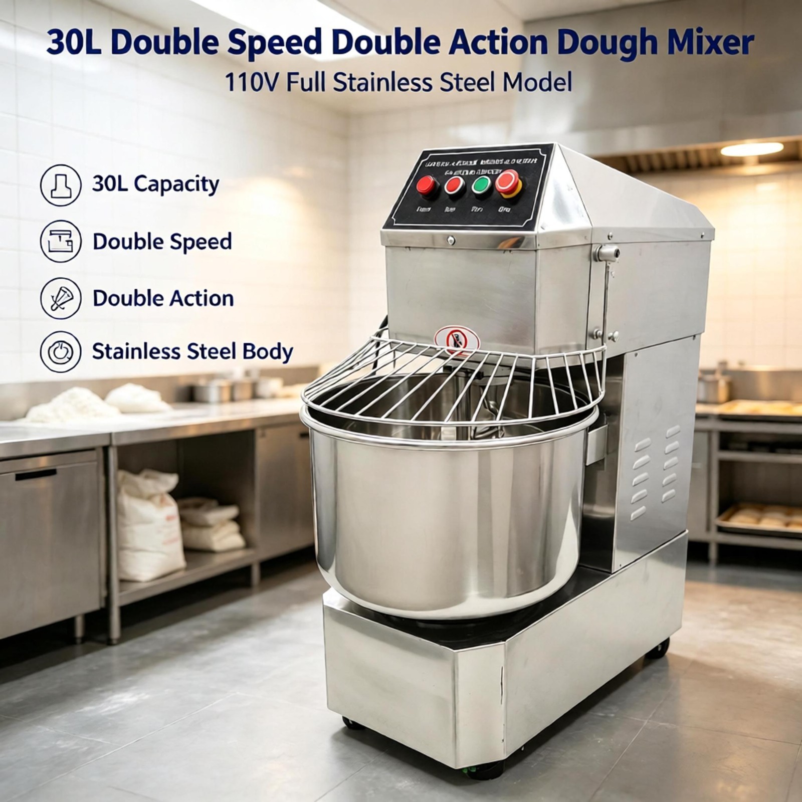 30L Commercial Food Mixer 110V Dual Speed Bakery Spiral Dough Kneading Machine