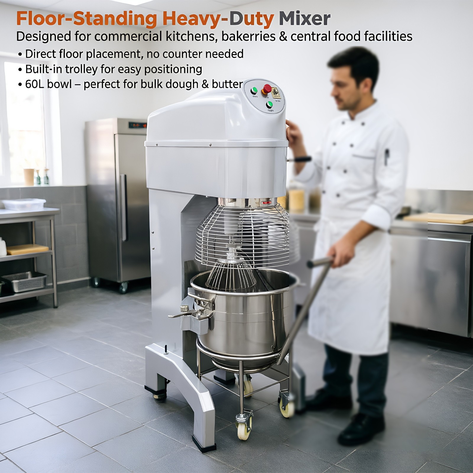 60L Commercial Planetary Stand Mixer Dough Kneading Egg Whisk w Bowl & Trolley