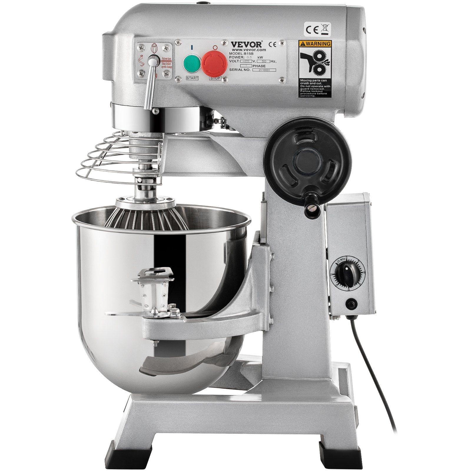 15Qt 500W 3-Speed 113/184/341 RPM Food Mixer & Timer Stainless Steel Bowl
