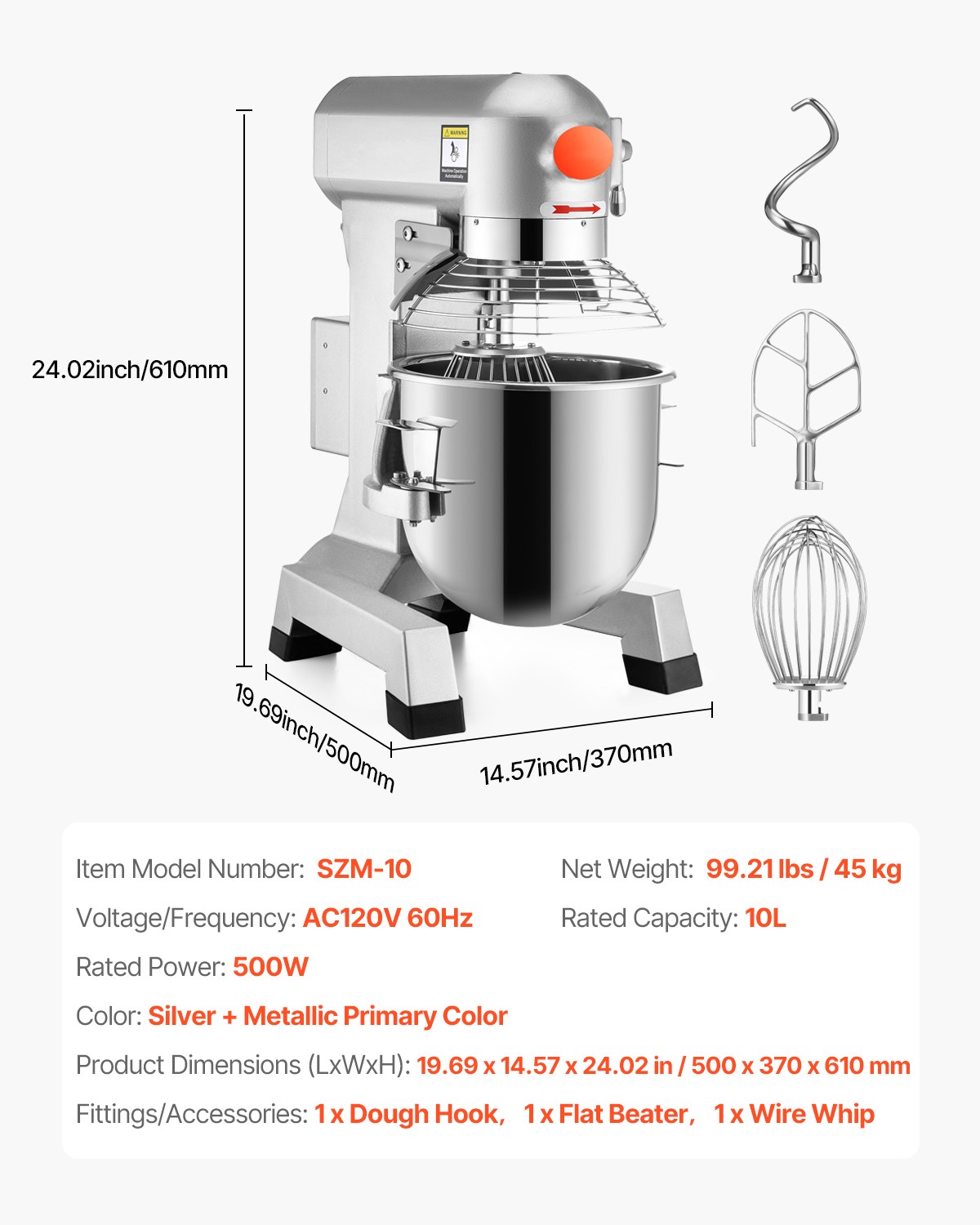 VEVOR Commercial Food Mixer Dough Food Mixer 10Qt 3 Speeds Pizza Bakery 450W