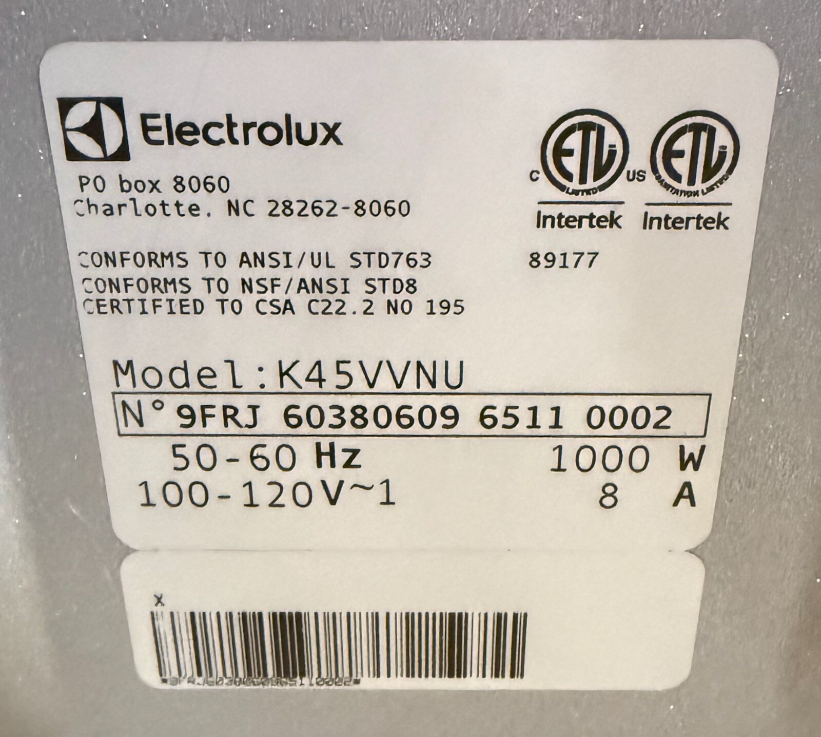 Electrolux K45VVNU Vertical Cutter Mixer, Bench Style, Variable Speed, 4.7 qt