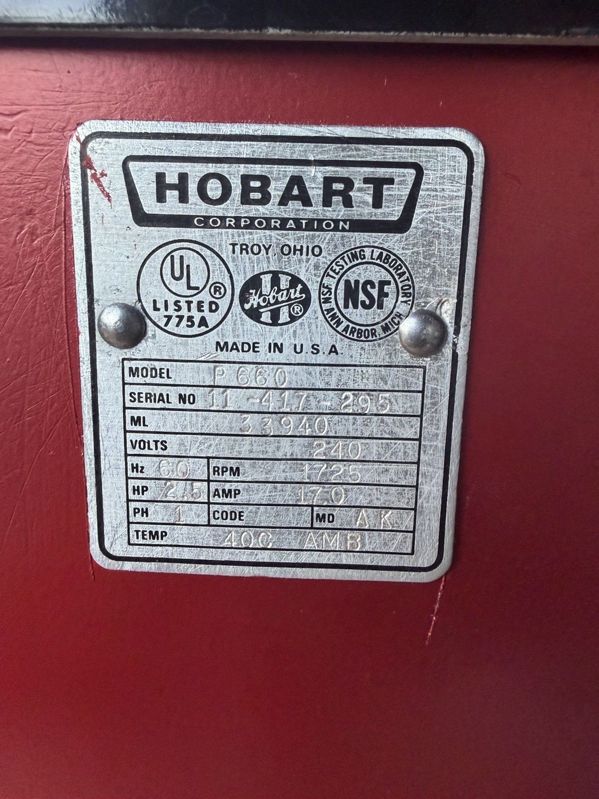 Hobart 60qt Mixer P660 Single Phase Comes W Stainless Steel Bowl And Hook/paddle