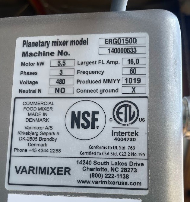 Varimixer ERGO 150Q 150 Quart Planetary Mixer