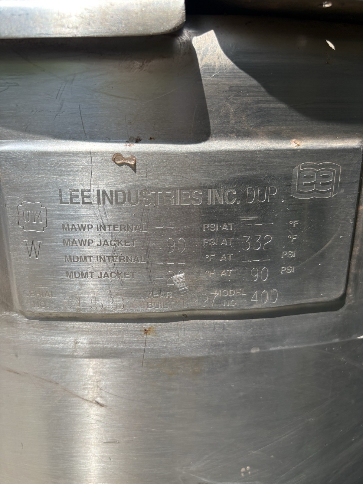 LEE 40 MDL 40D 40 Gallon Jacketed Air Powered Kettle Mixer.