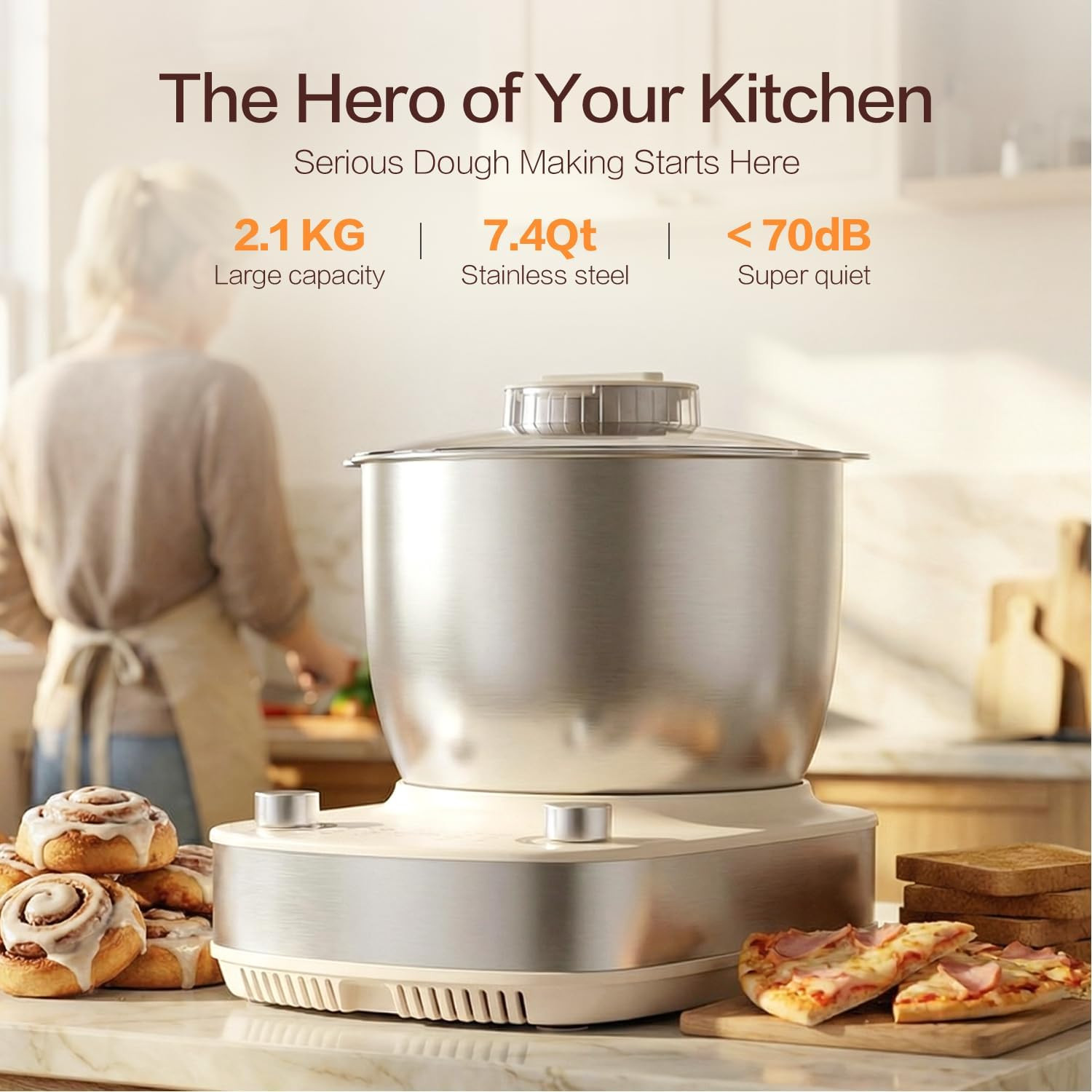 7.4QT Electric Dough Mixer with Timer & Fermentation, Dough Kneader Machine for