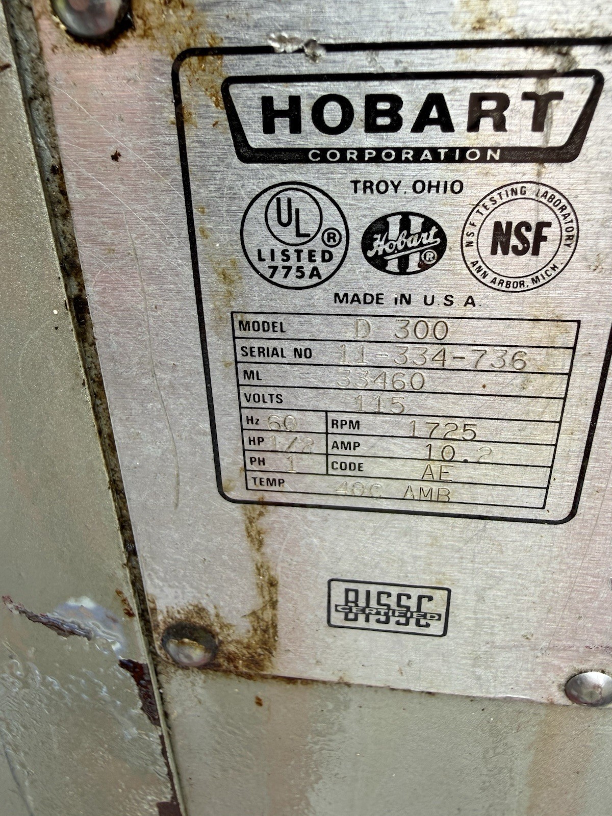 Hobart D300 30Qt Commercial Mixer 115V Tested Working w/ Bowl Hook Paddle