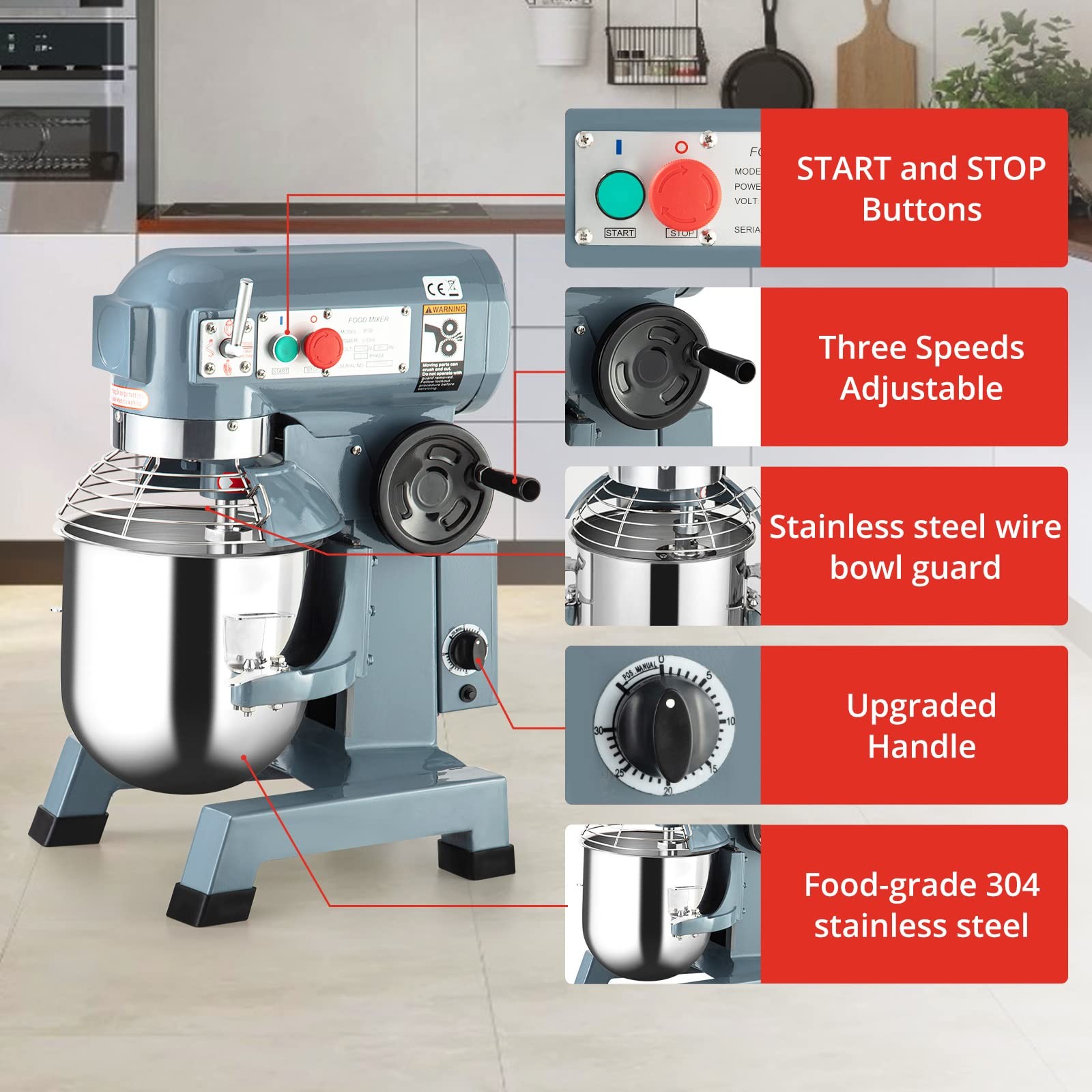 US Commercial Food Mixer 10QT 450W 110V 3Speeds Adjust Safety Guard Restaurants