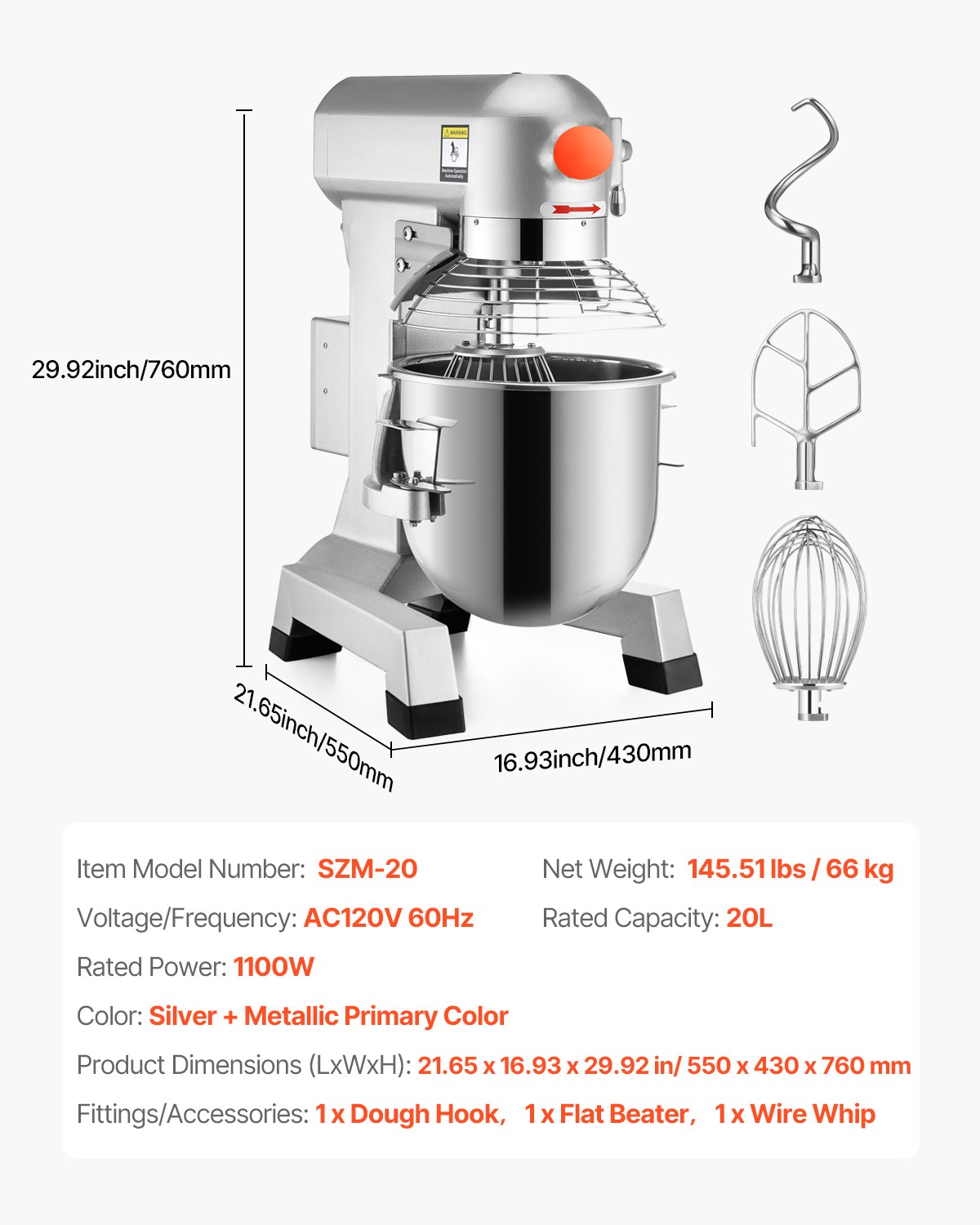 Commercial Electric Food Mixer 20Qt Stand Machine Dough Mixer 3 Speeds 750W