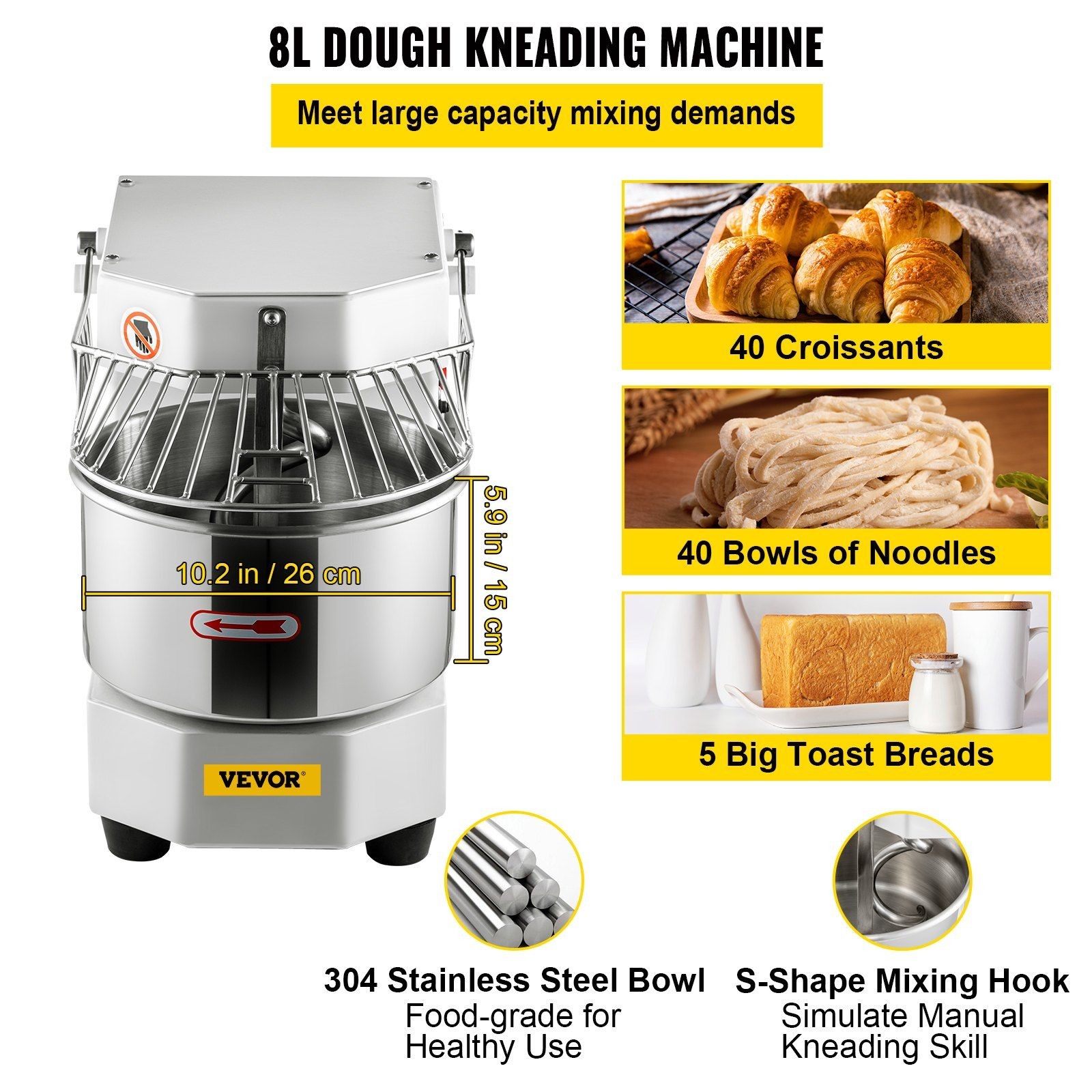 8.5Qt Heavy Duty Dough Mixer 450W Stainless Steel Bowl Security Top