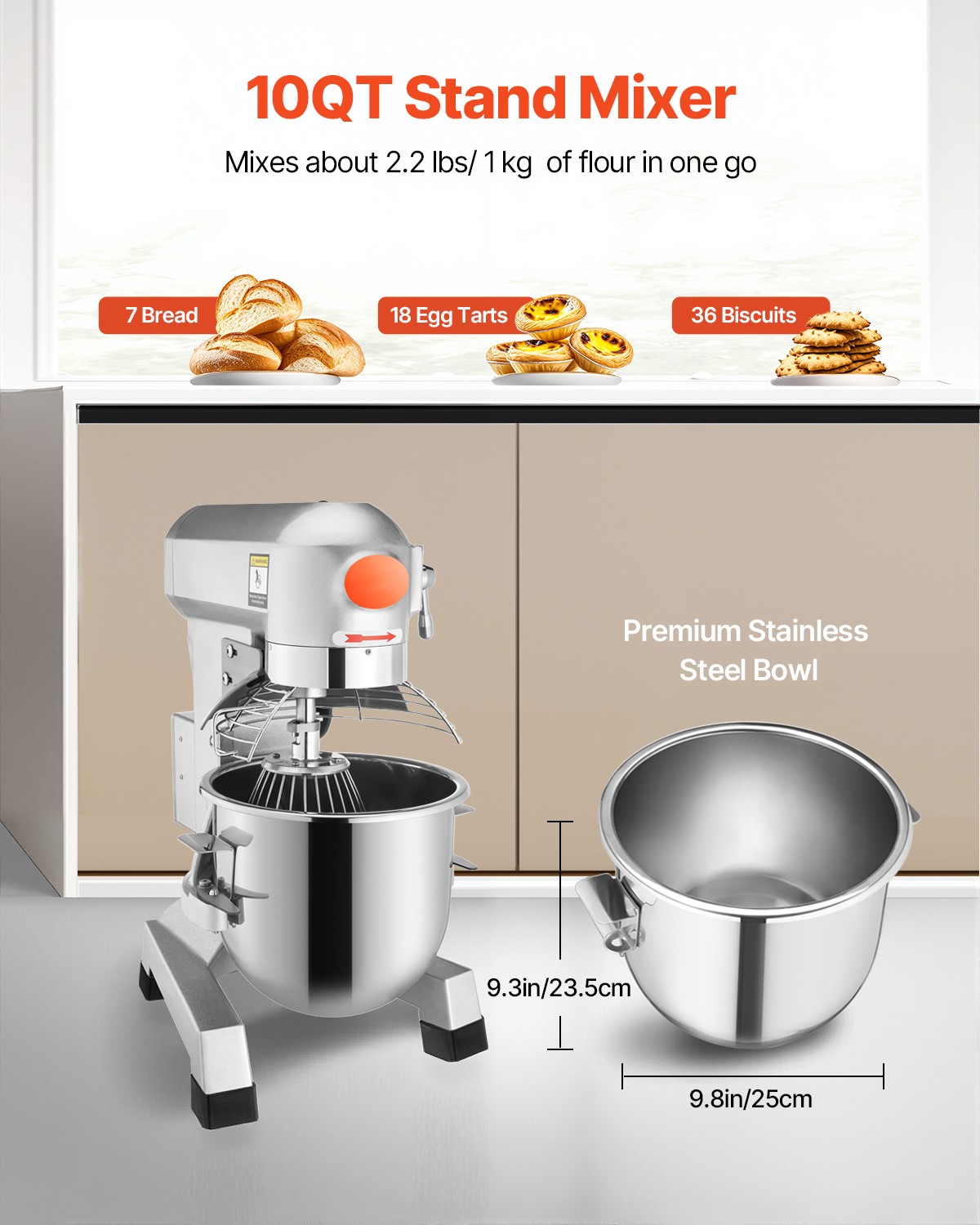 VEVOR Commercial Food Mixer Dough Food Mixer 10Qt 3 Speeds Pizza Bakery 450W