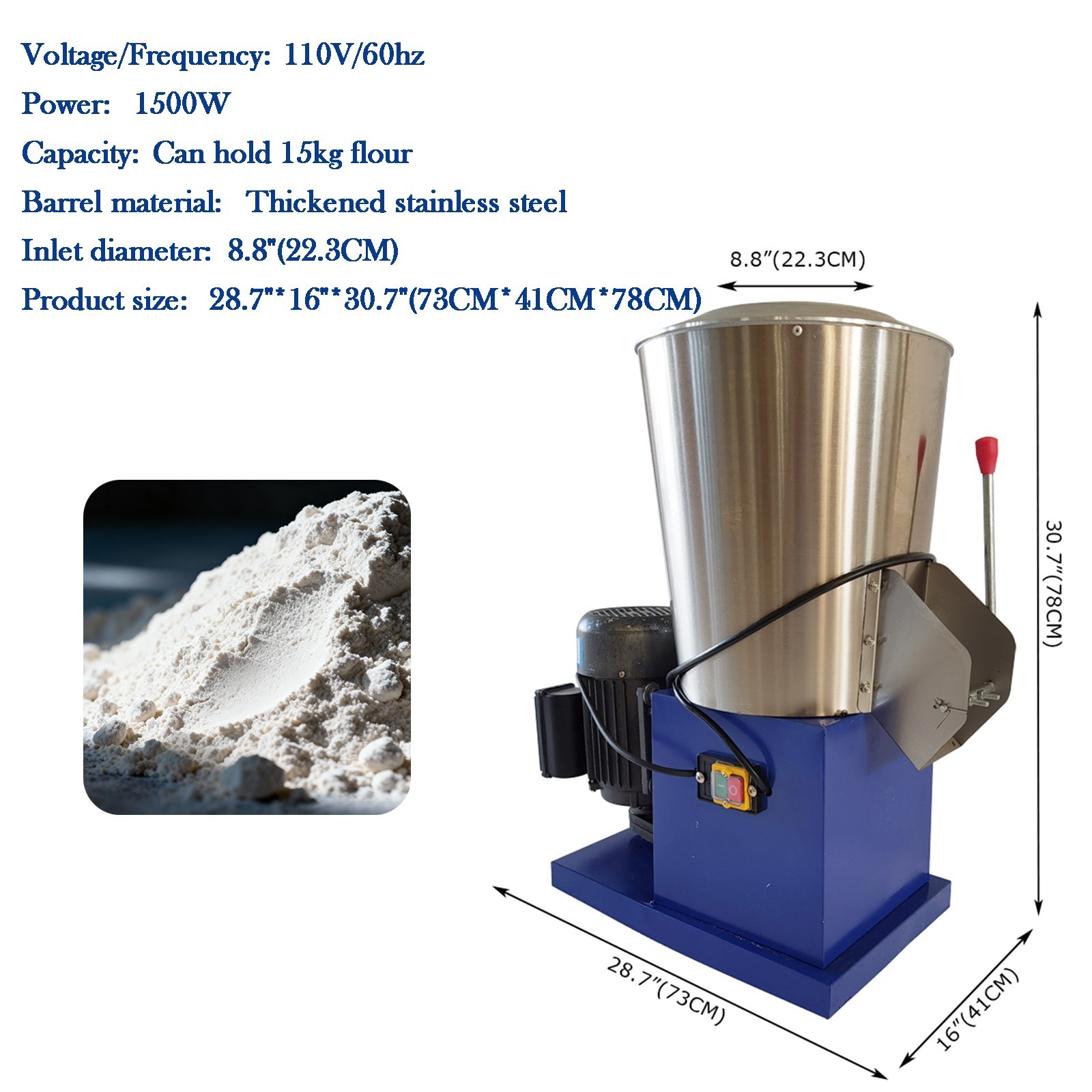 110V 15kg Vertical Flour Mixer 1.5KW Dry Flour/Dry Materials Blender Mixer