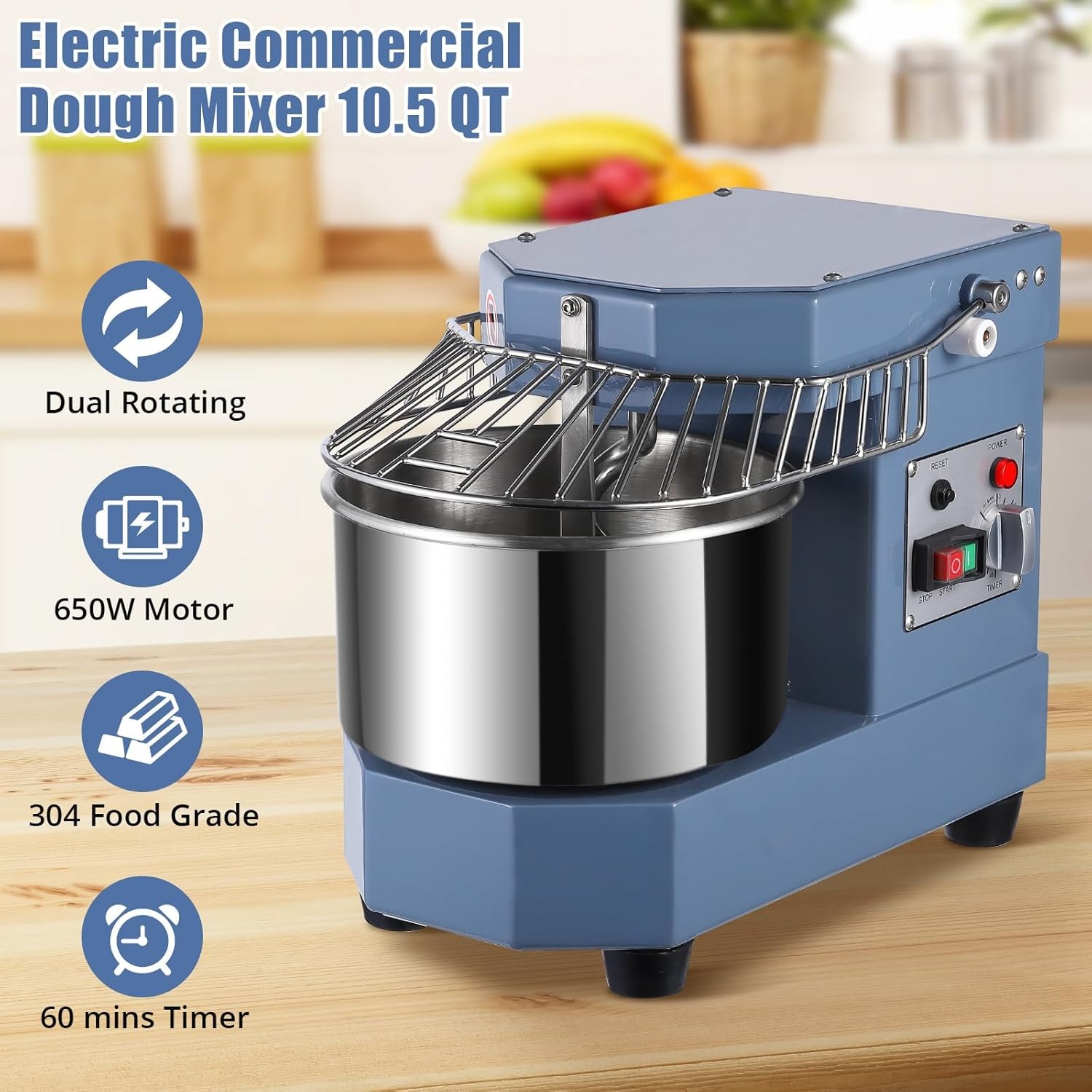 Commercial Dough Mixer 10.5Qt 650W Dual Rotating Kneading Machine Stand Mixer