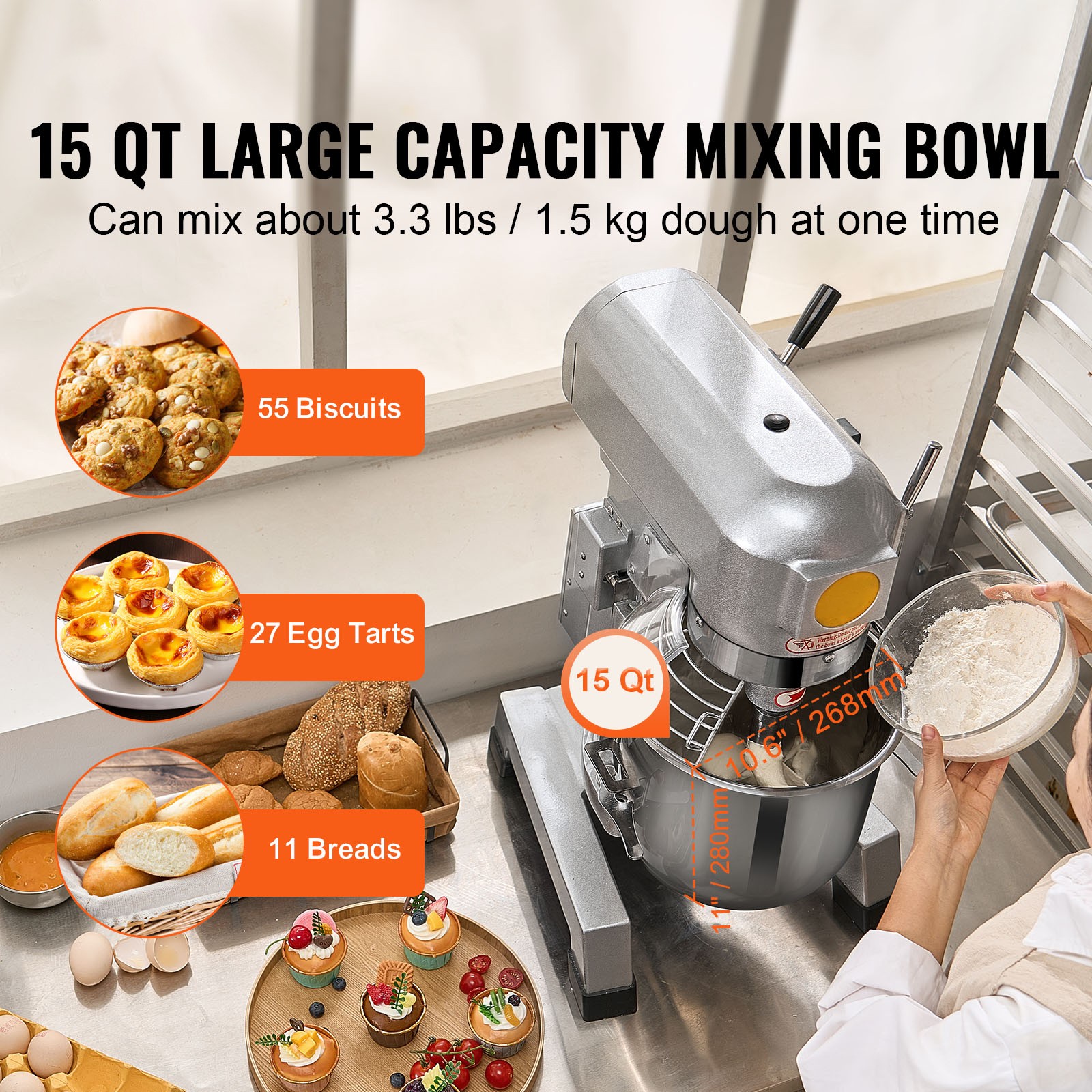 VEVOR 10/15/20/30 QT Commercial Food Mixer 3-Speed Stand Electric Dough Mixer