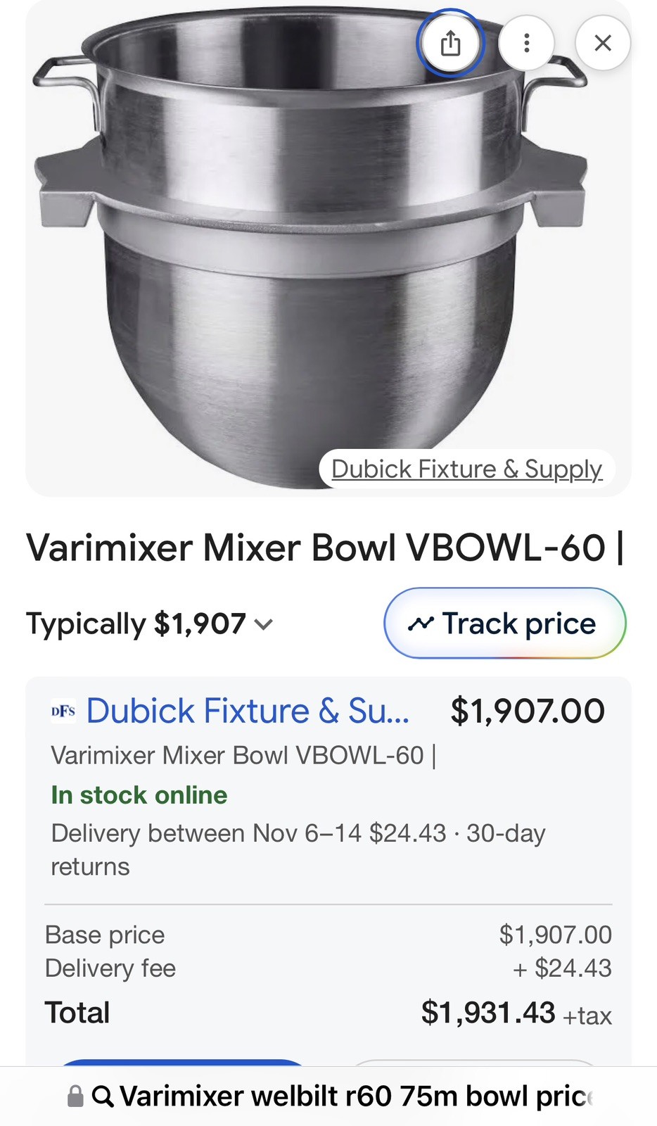 Varimixer Welbilt Stainless Steel Bowl R60 75M for W60 Mixer