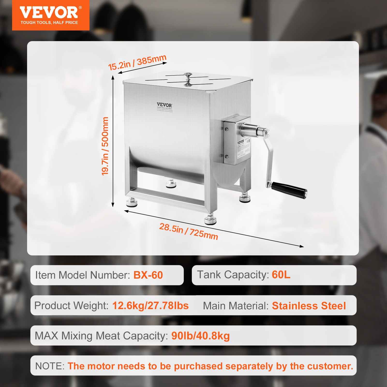 VEVOR Manual Meat Mixer Fixed Tank Mixing Max 120LB for Meat Sausage Mixer