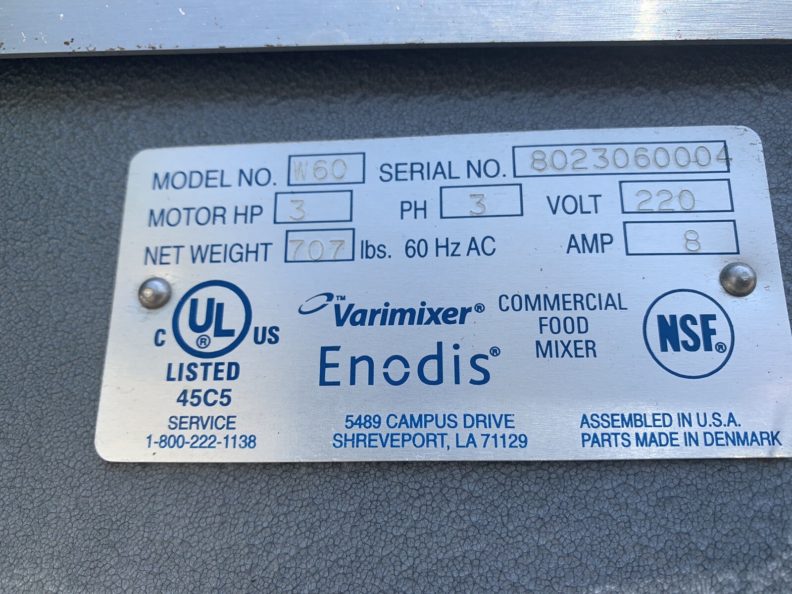 Varimixer, W60, 3HP, 220Volt, 3 phase, MFG date 2008