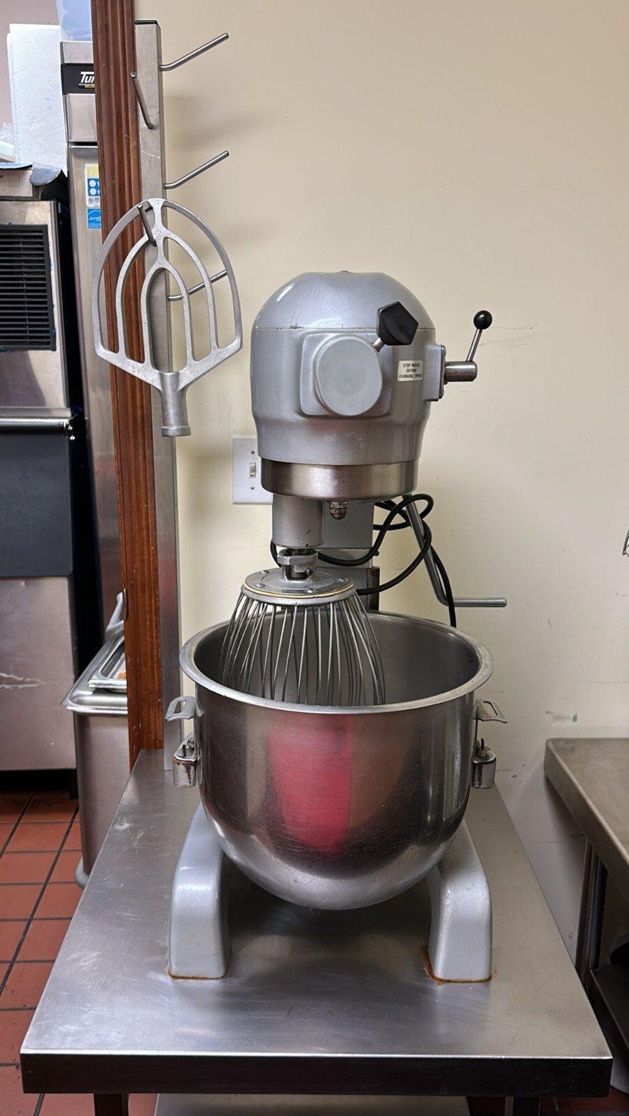 20 Quart Mixer Hobart A-200T 120V Stainless Steel Bowl, Paddle Whisk and table.