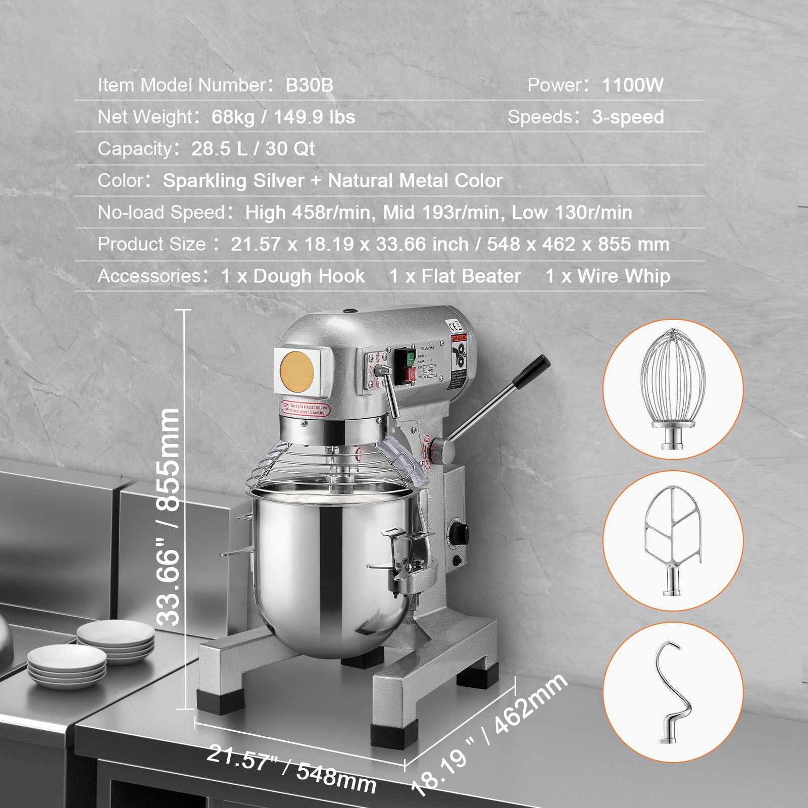 Uimoso 30QT Commercial 3-Speed Stand Electric Dough Mixer 1100W for Bakery Pizza