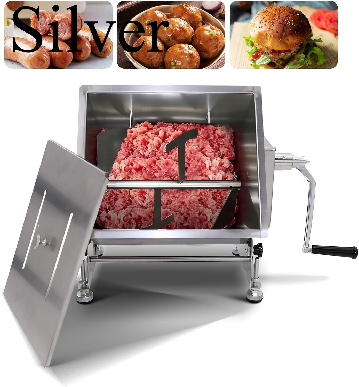 Meat Mixer, Stainless Steel 10L Tilt Tank Manual Meat Mixer for Sausage