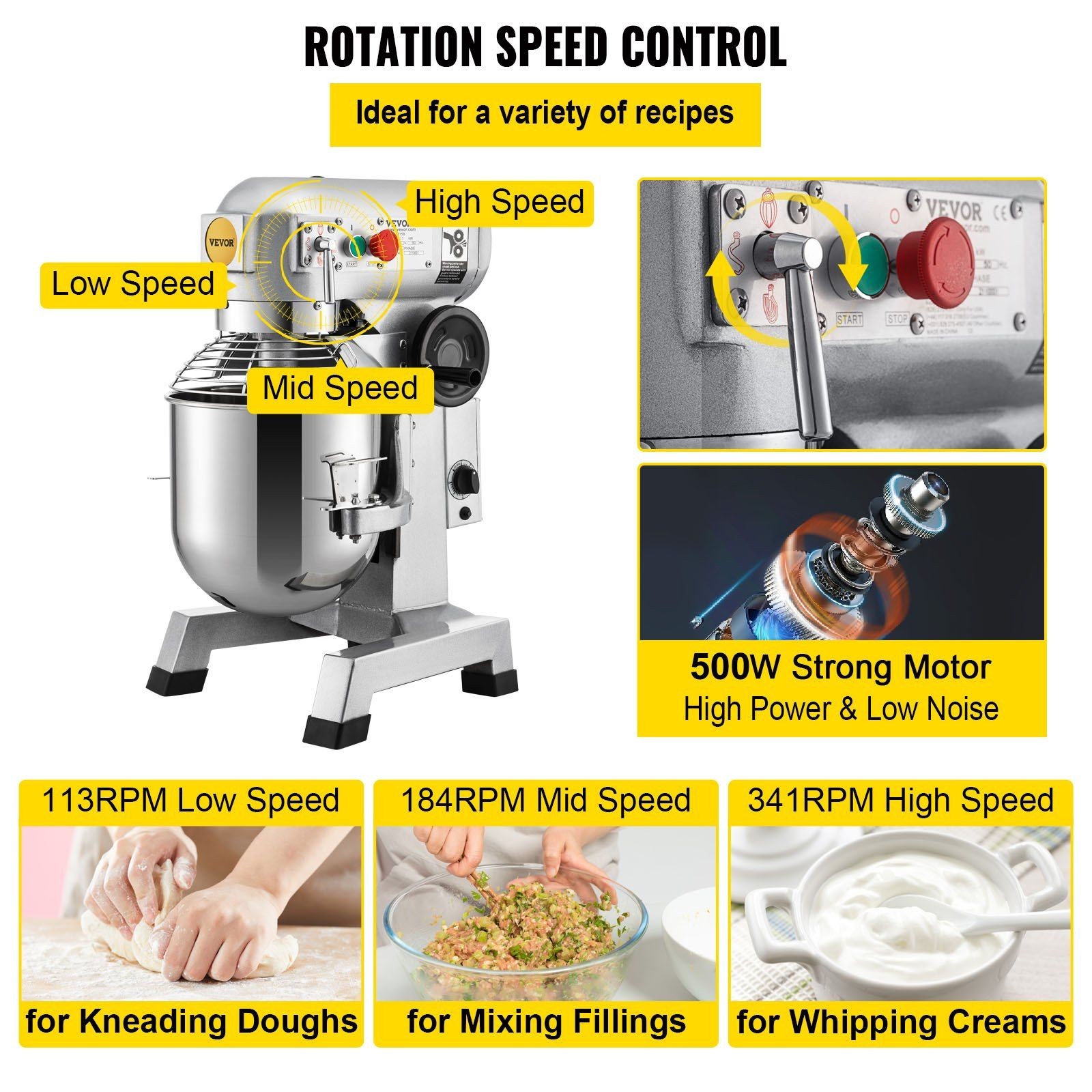 15Qt 500W 3-Speed Commercial Food Mixer with Timer & Stainless Steel Bowl