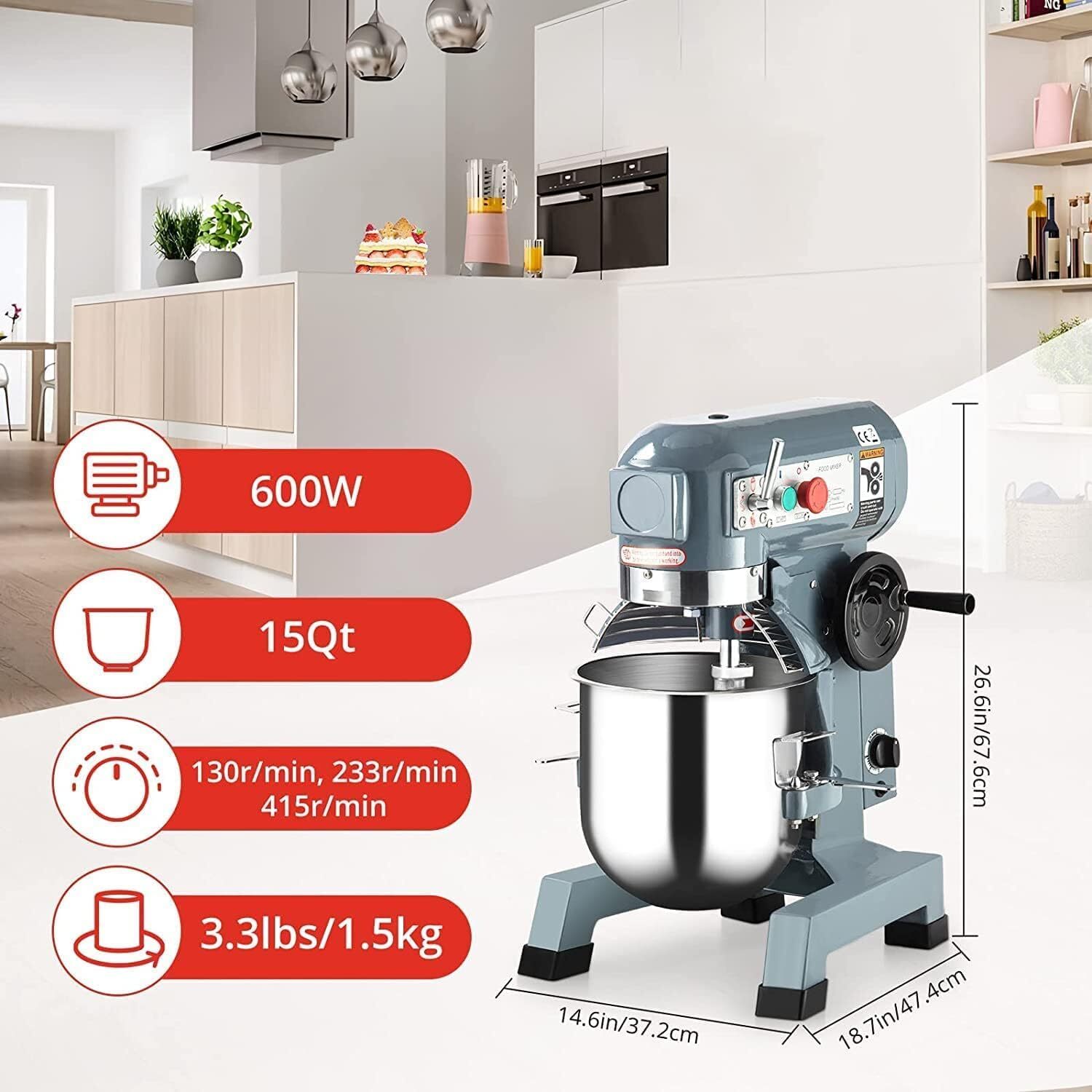 Commercial Food Mixer 15Qt 600W 110V 3 Speeds Adjustable Stainless Steel Bowl