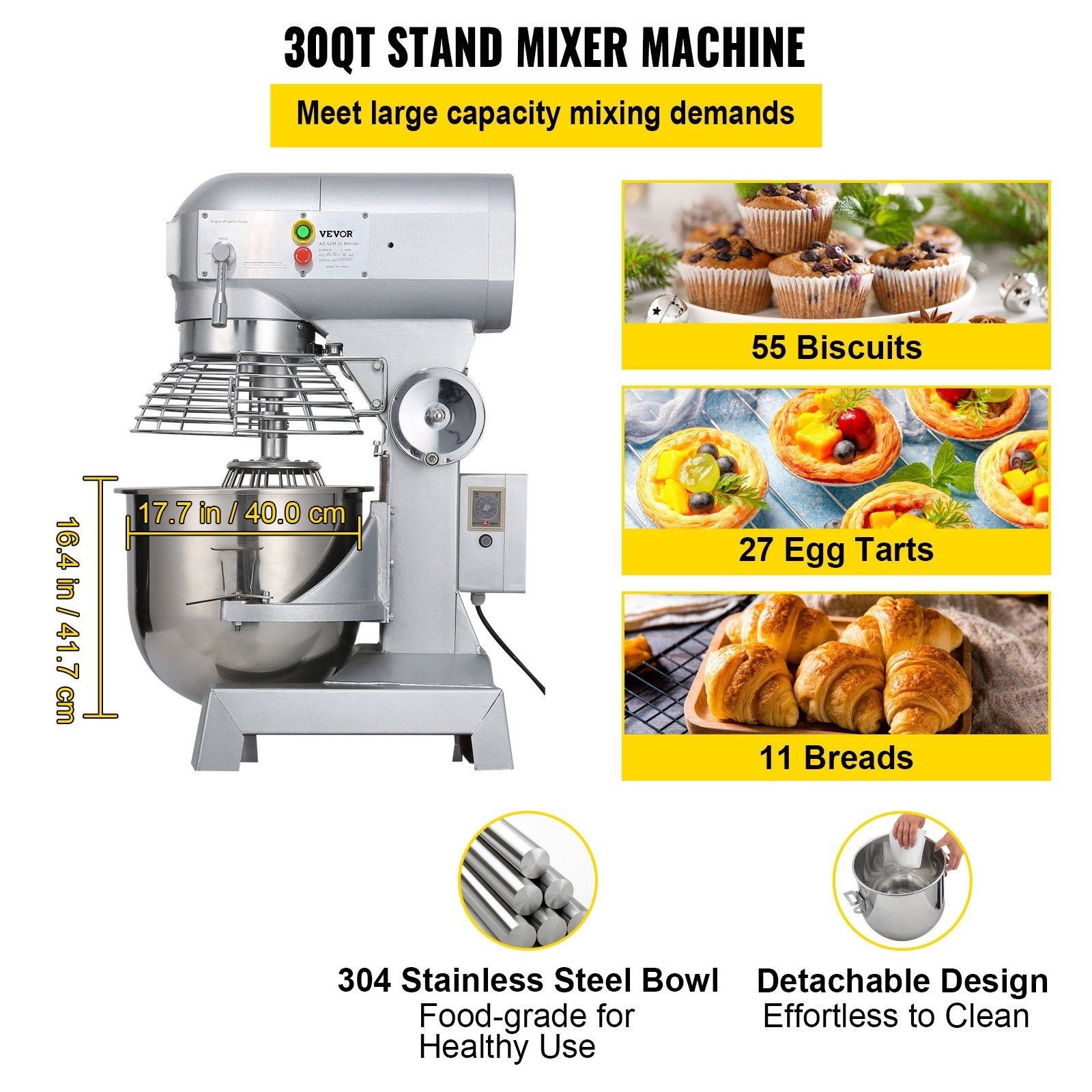 30Qt 1100W 3-Speed 105/180/408RPM Heavy Duty Food Mixer & Stainless Bowl