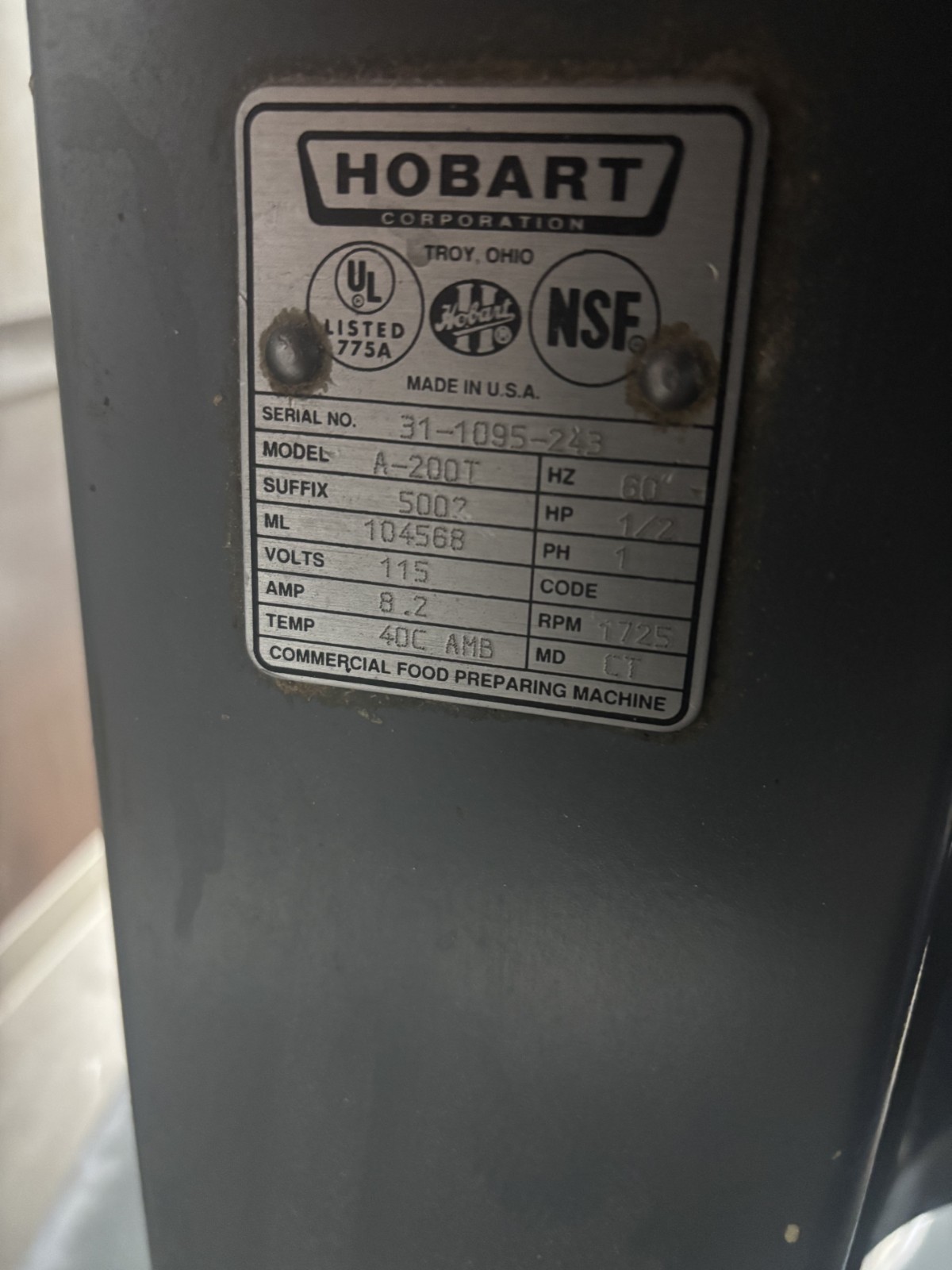 Hobart A-200T Commercial Countertop Mixer 115V 8.2A Model A-200T MPN A-200T