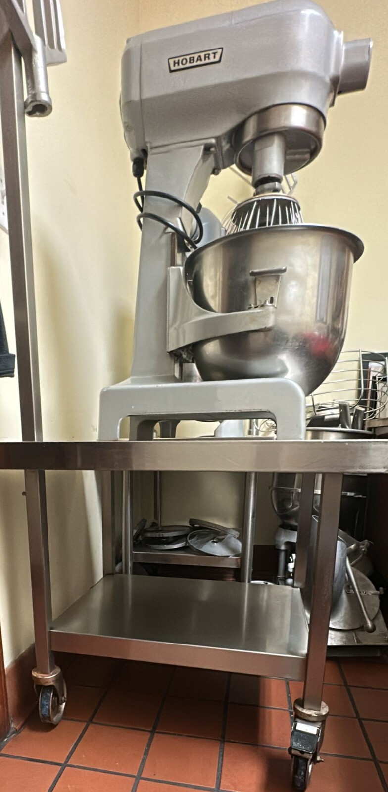 20 Quart Mixer Hobart A-200T 120V Stainless Steel Bowl, Paddle Whisk and table.