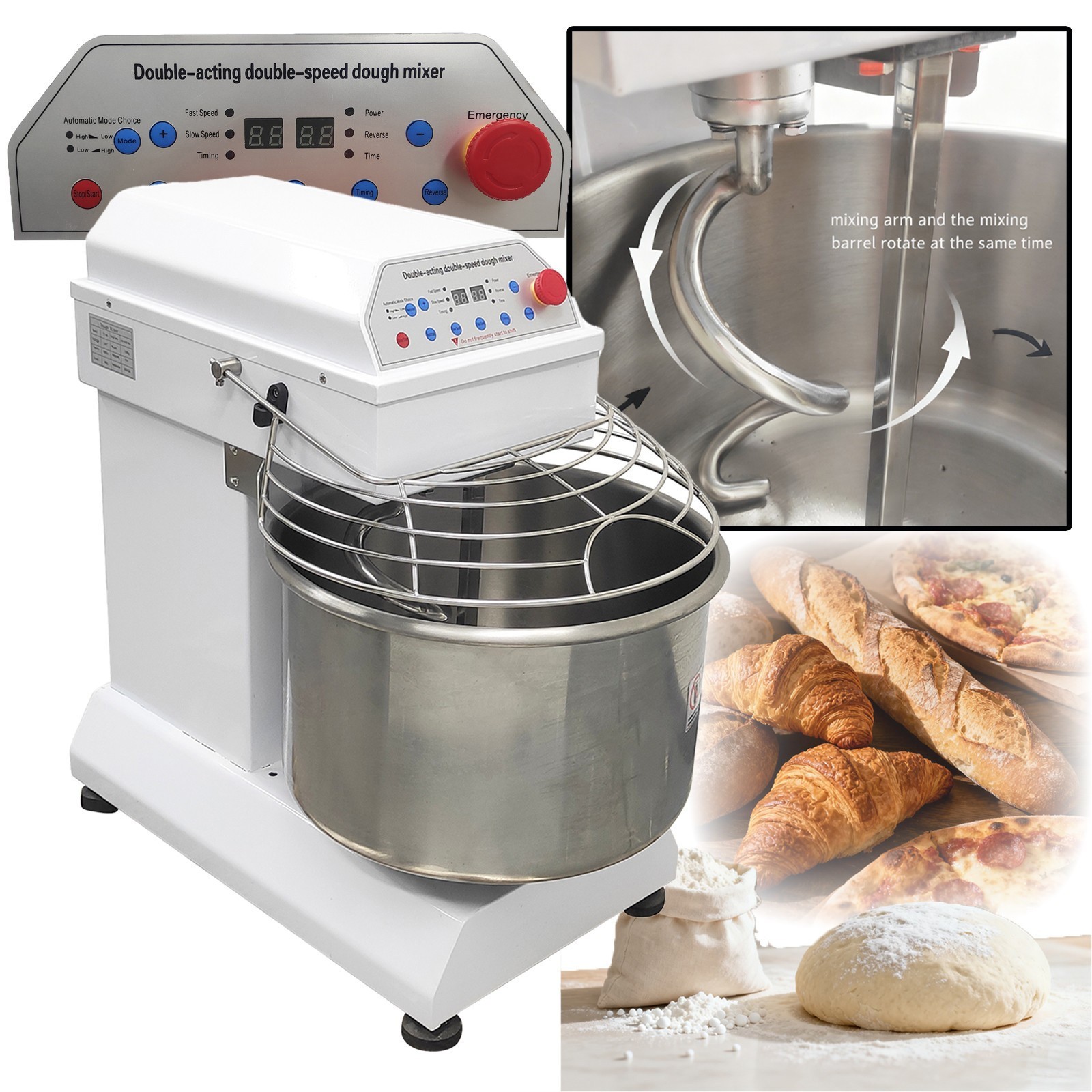 30L S/S Commercial Double-Acting Double-Speed Dough Mixer w Timer & Auto Stop
