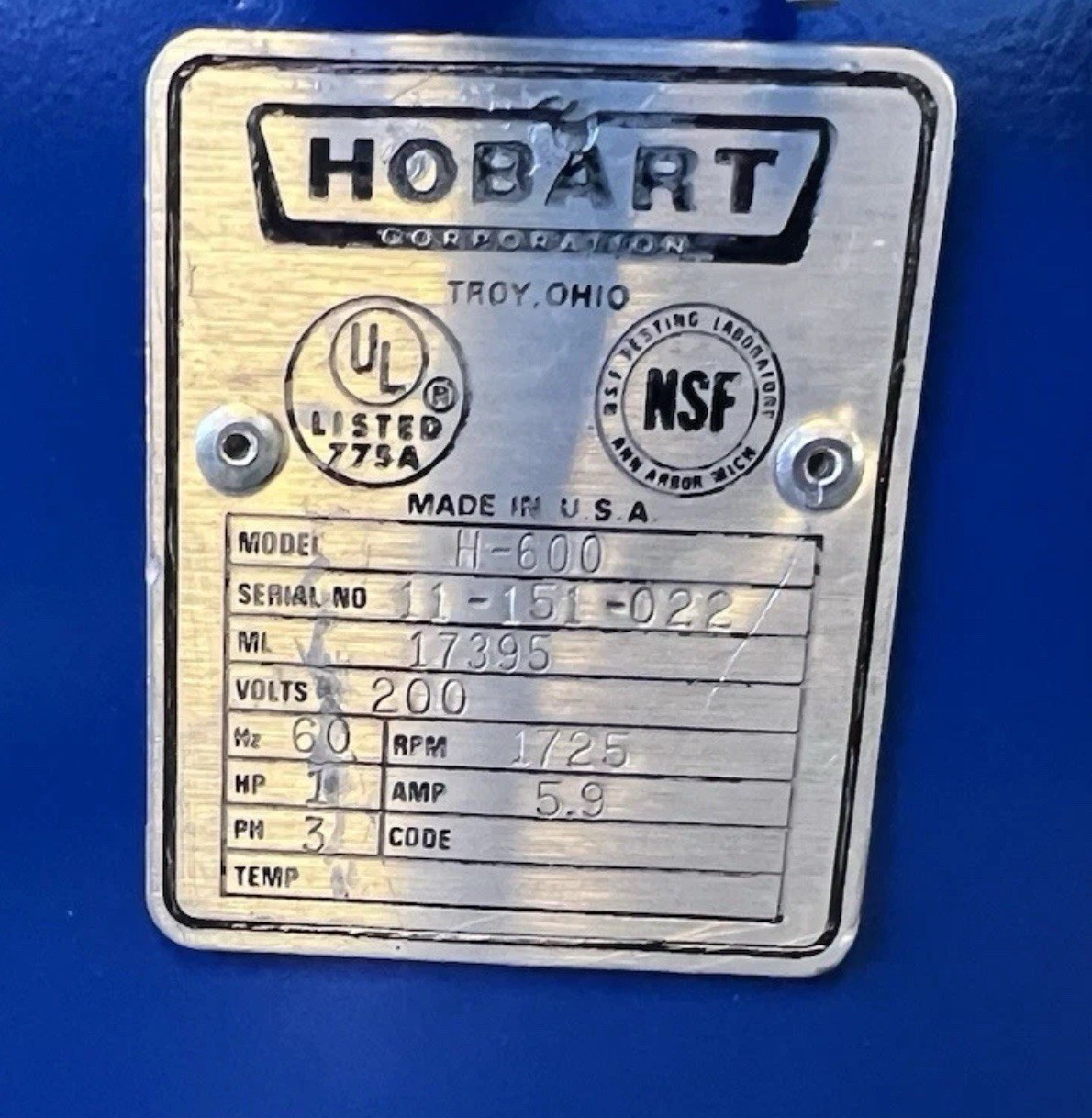 HOBART H 600 60 Qt Mixer 1HP 200V 3 Phase Bowl & Hook Included BEAUTIFUL SHAPE!