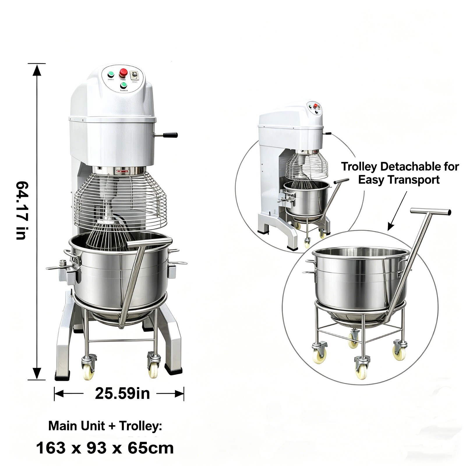 60L Commercial Stand Mixer 220V 3-Phase 3Speed Heavy Duty Dough Mixer w/ Trolley
