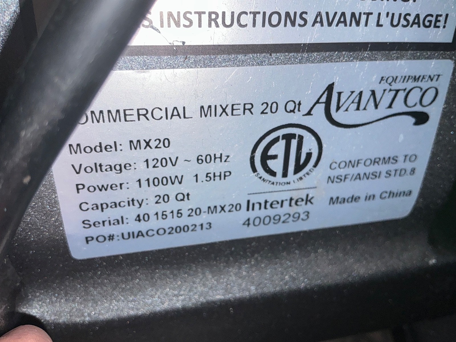 Avantco MX20 Commercial Mixer – Heavy Duty Food Dough Mixer 2558