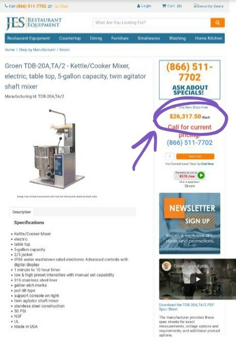 NEW unused GROEN Steam mixing KETTLE TDB-20 Tilting Mixer 20 quarts Fudge Kettle