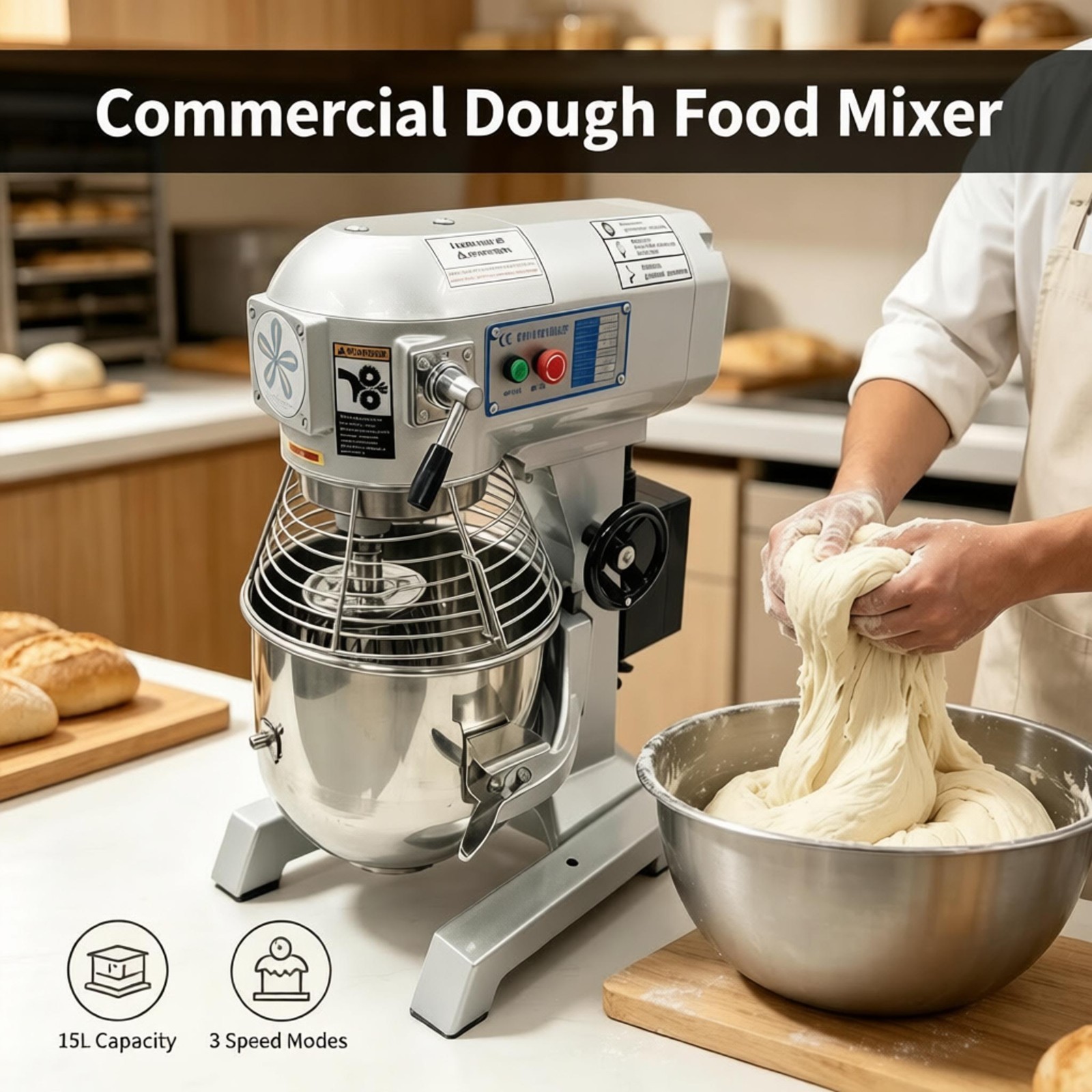 Multifunction Dough Kneading Machine 15L Gear Driven Bakery Blender 110V 450W