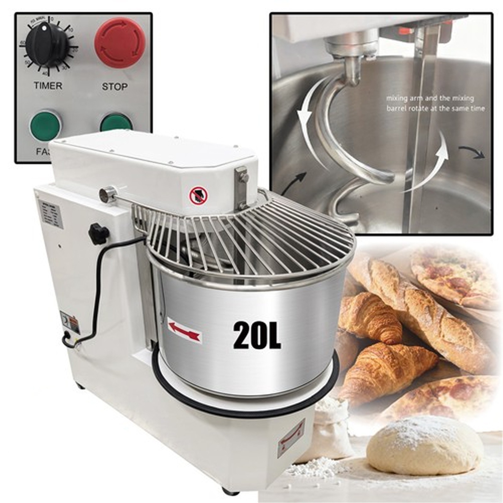 20L Commercial Stand Dough Mixer with Detachable Bowl Double Speed Double Action