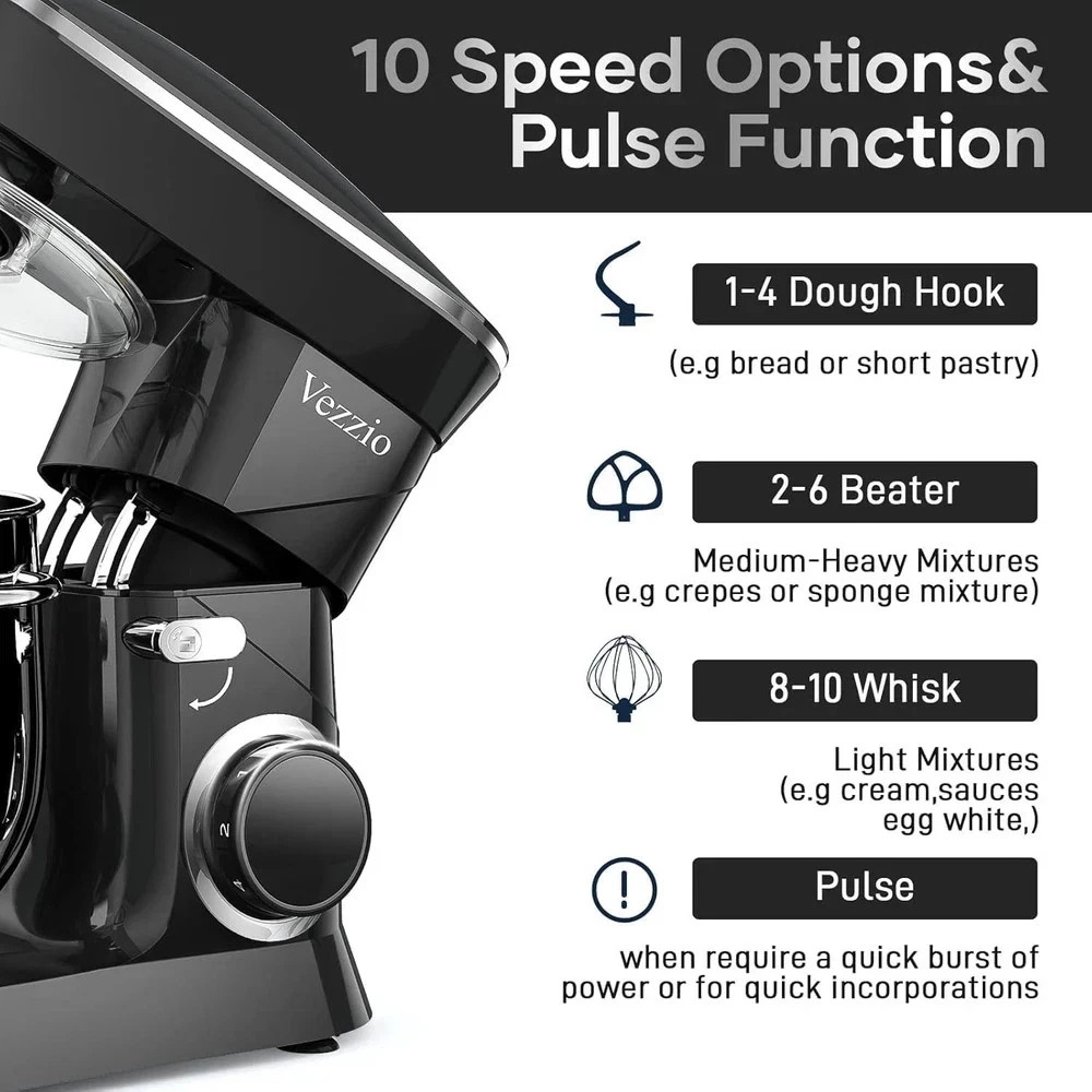 9.5 Qt Stand Mixer, 10-Speed Tilt-Head Food Mixer, Vezzio 660W Kitchen Electric