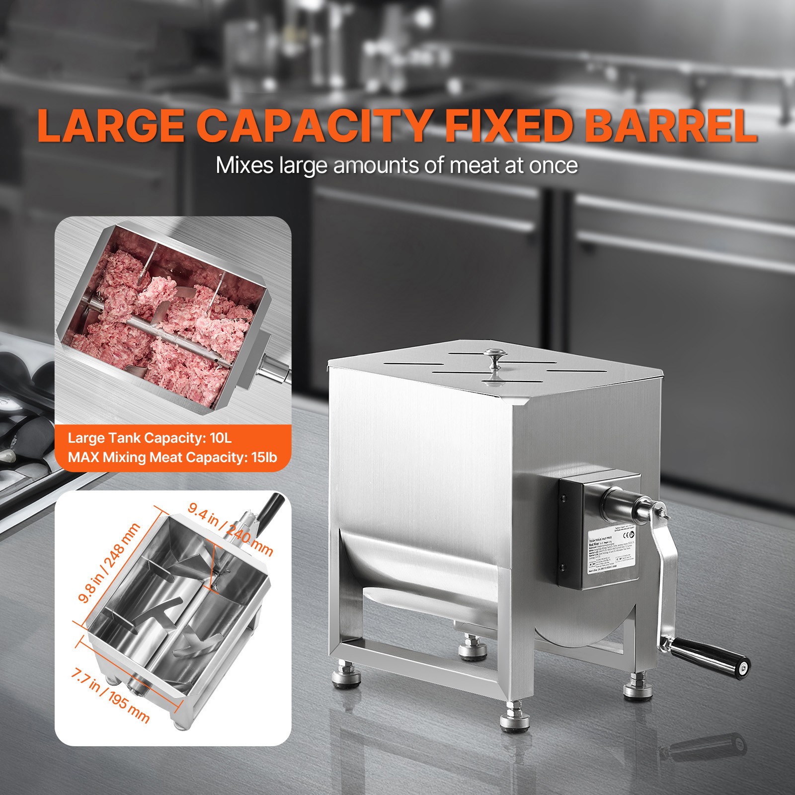Uimoso Manual Meat Mixer 10L Fixed Tank Mixing Max 15LB for Meat Sausage Mixer