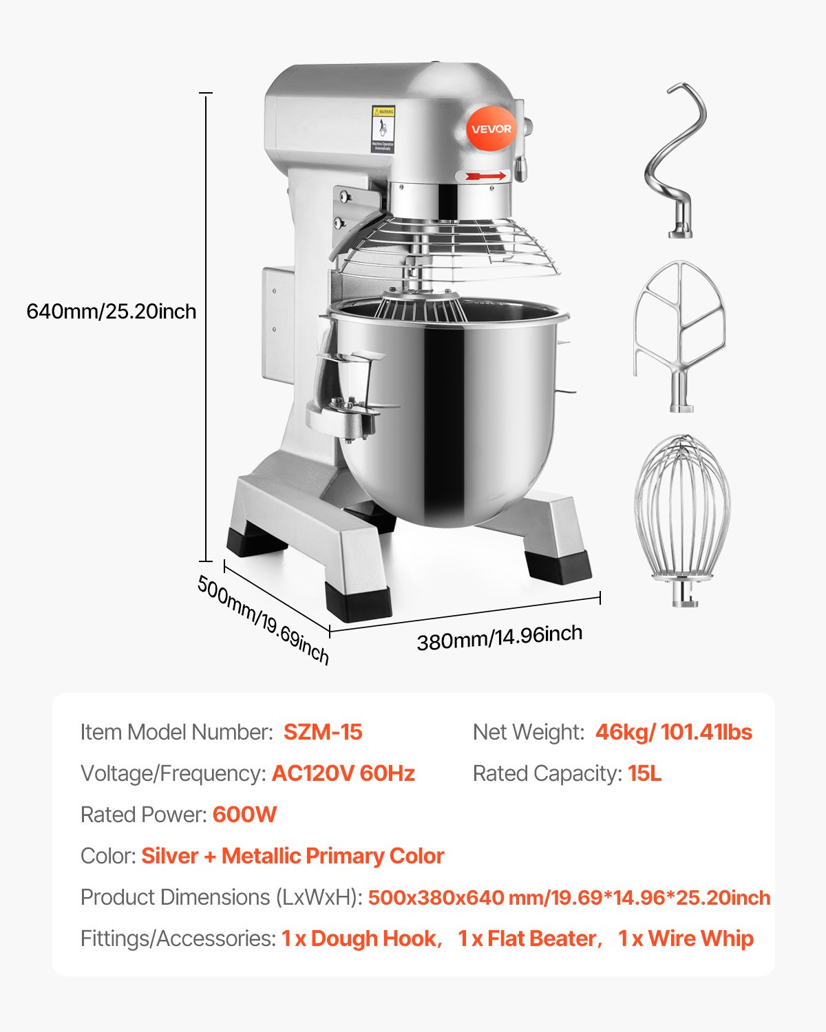 VEVOR 15QT Commercial Dough Food Mixer Machine Electric Stand w/Hooks 3-Speed
