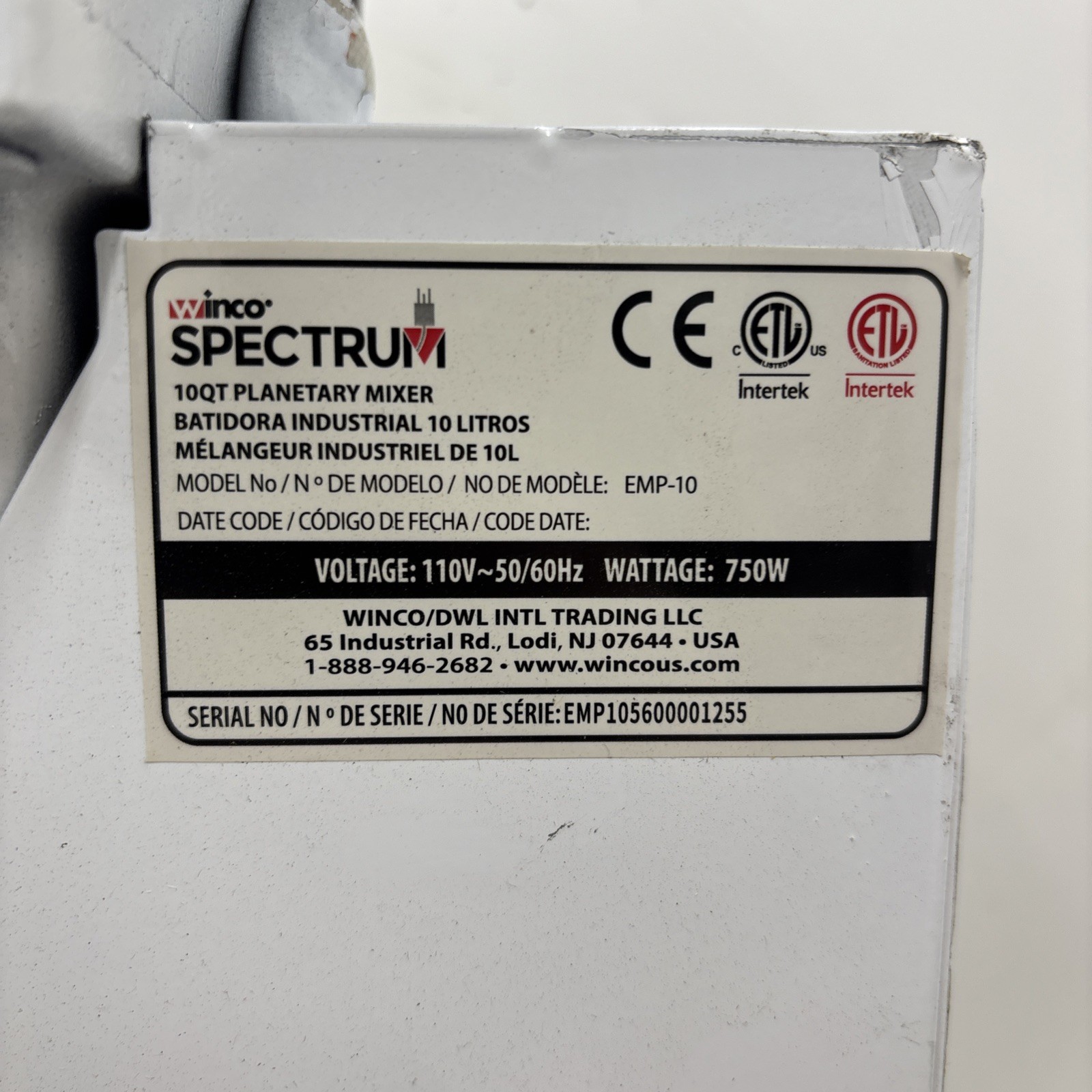 Winco EMP-10 Spectrum 10 Liter Floor Model Gear Driven Planetary Mixer