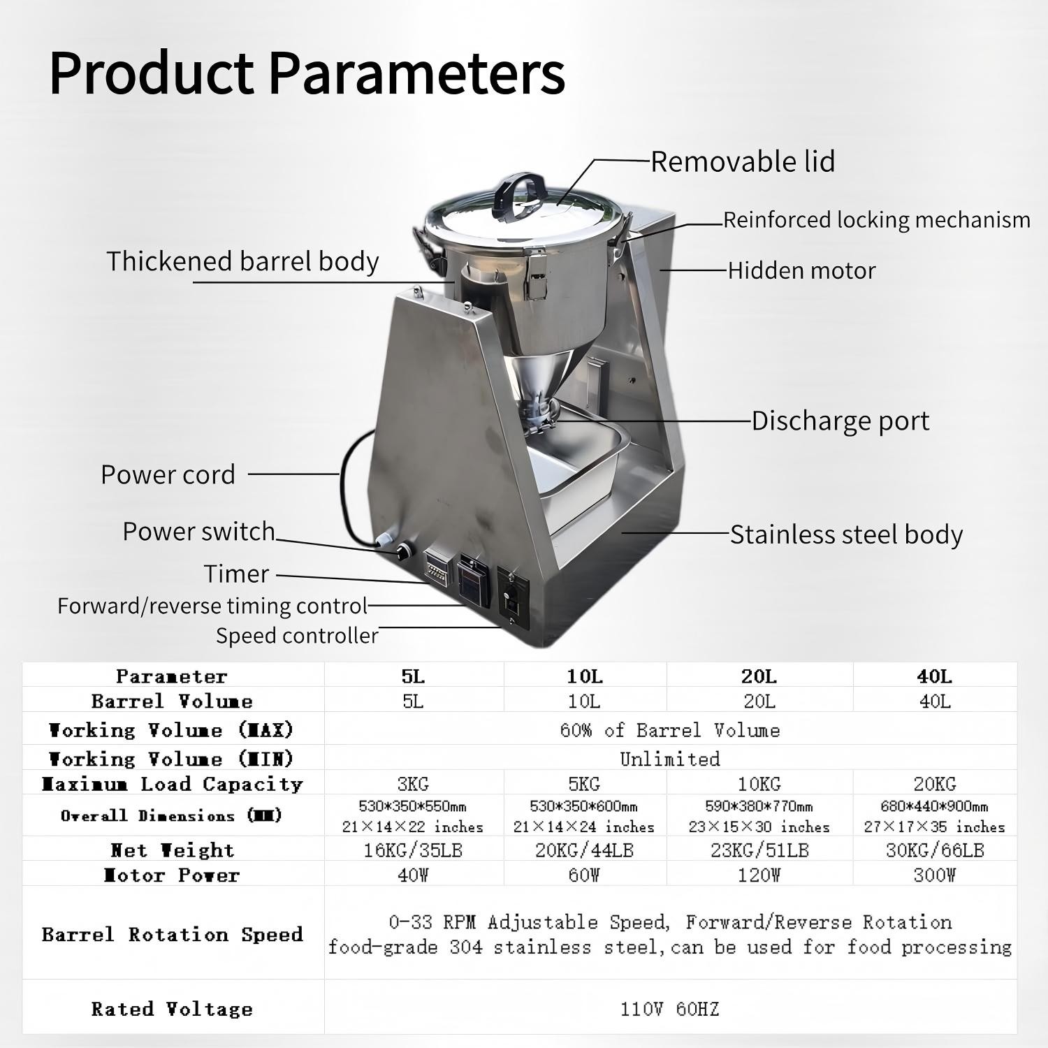 5-50KG Stainless Steel Dry Powder Mixer Adjustable Speed Blender for Food Feed