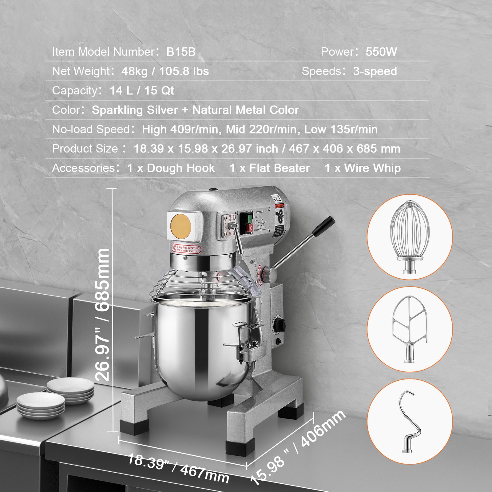 VEVOR 10/15/20/30 QT Commercial Food Mixer 3-Speed Stand Electric Dough Mixer