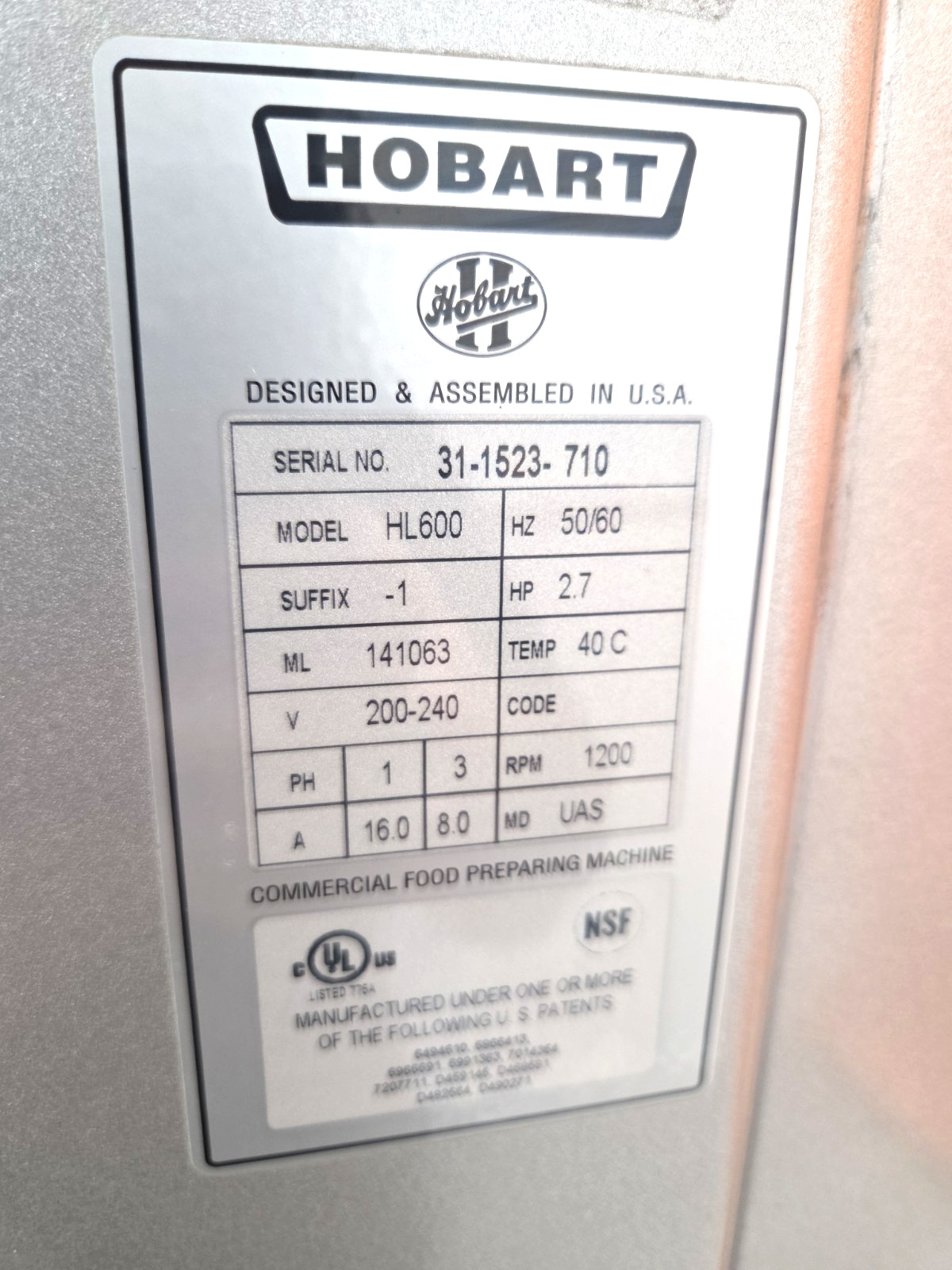 2016 HOBART HL600 Legacy 60QT Mixer W/ Bowl, Hook, Whip, 2.7HP – 1 Or 3PH