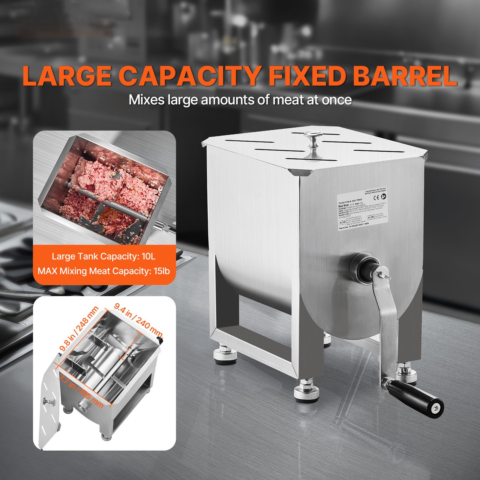 Uimoso Manual Meat Mixer 10L Fixed Tank Mixing Max 15LB for Meat Sausage Mixer