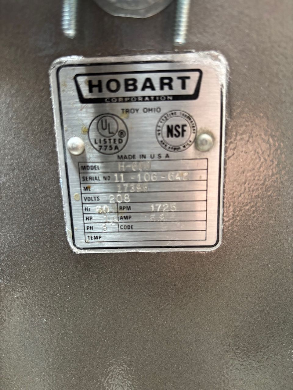 60 Quart Hobart H-600 Classic Mixer With Safety Cage Bowl Guard 208V 3 Ph 1.5 HP