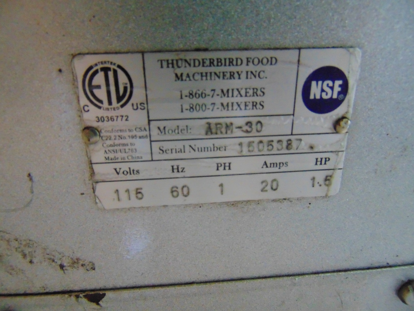 Thunderbird 30 Quart Mixer ARM-30 Commercial Restaurant