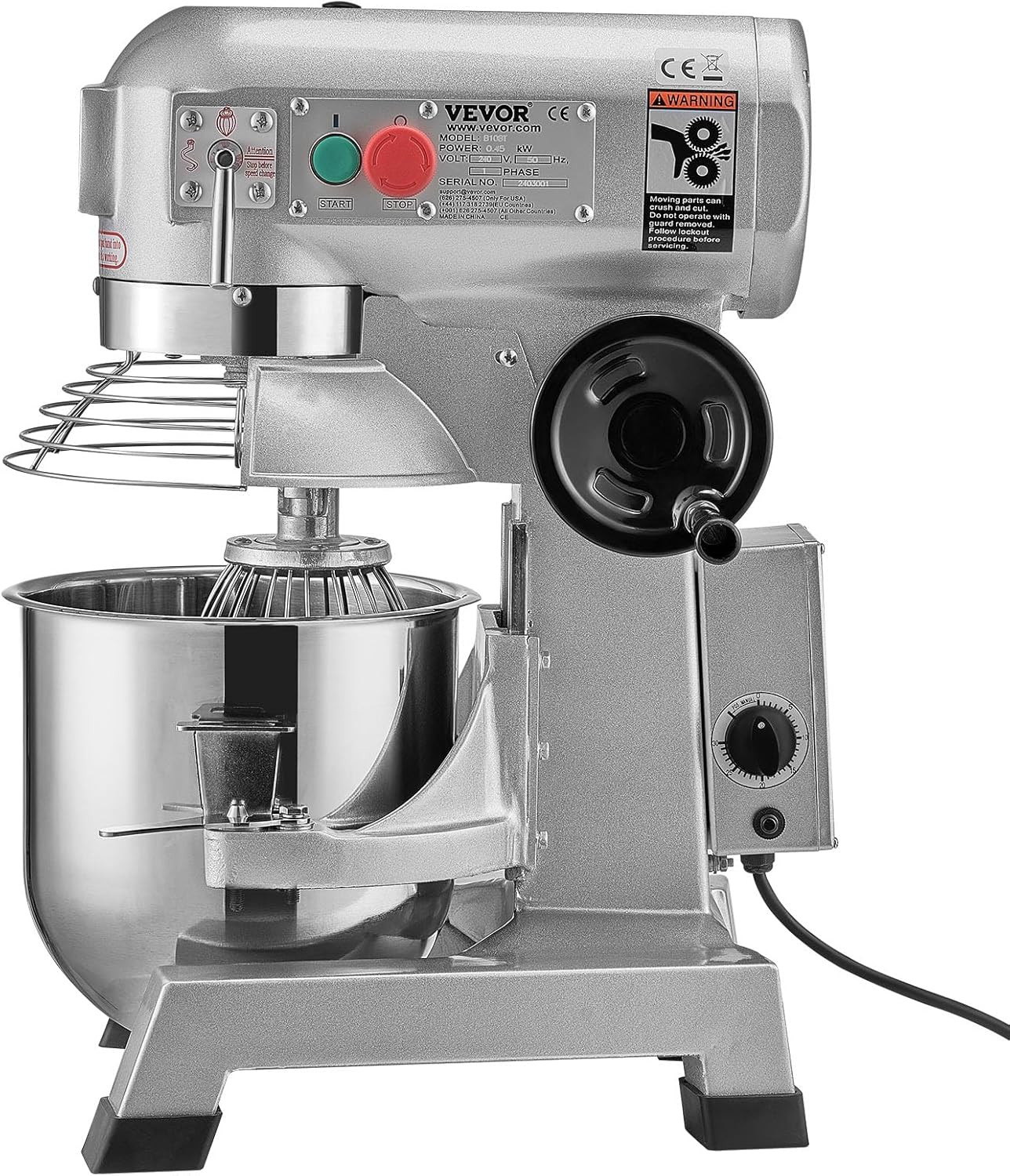 15Qt Commercial Food Mixer with Timer, 500W, 3 Speeds, Dough Hook & Whisk