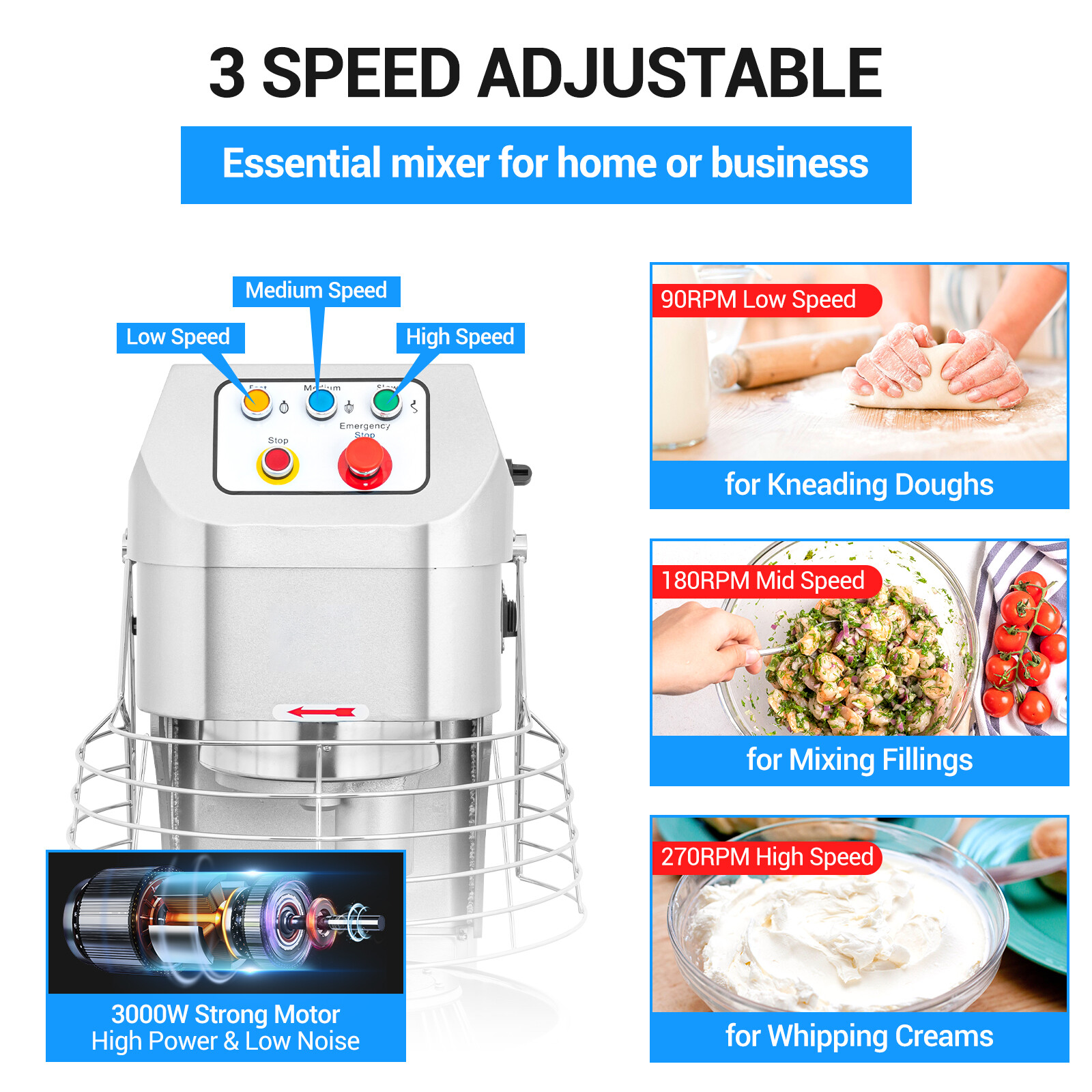 LEEVOT Commercial Electric Food Dough Mixer Food Mixer 3 Speeds Machine 10L-60L