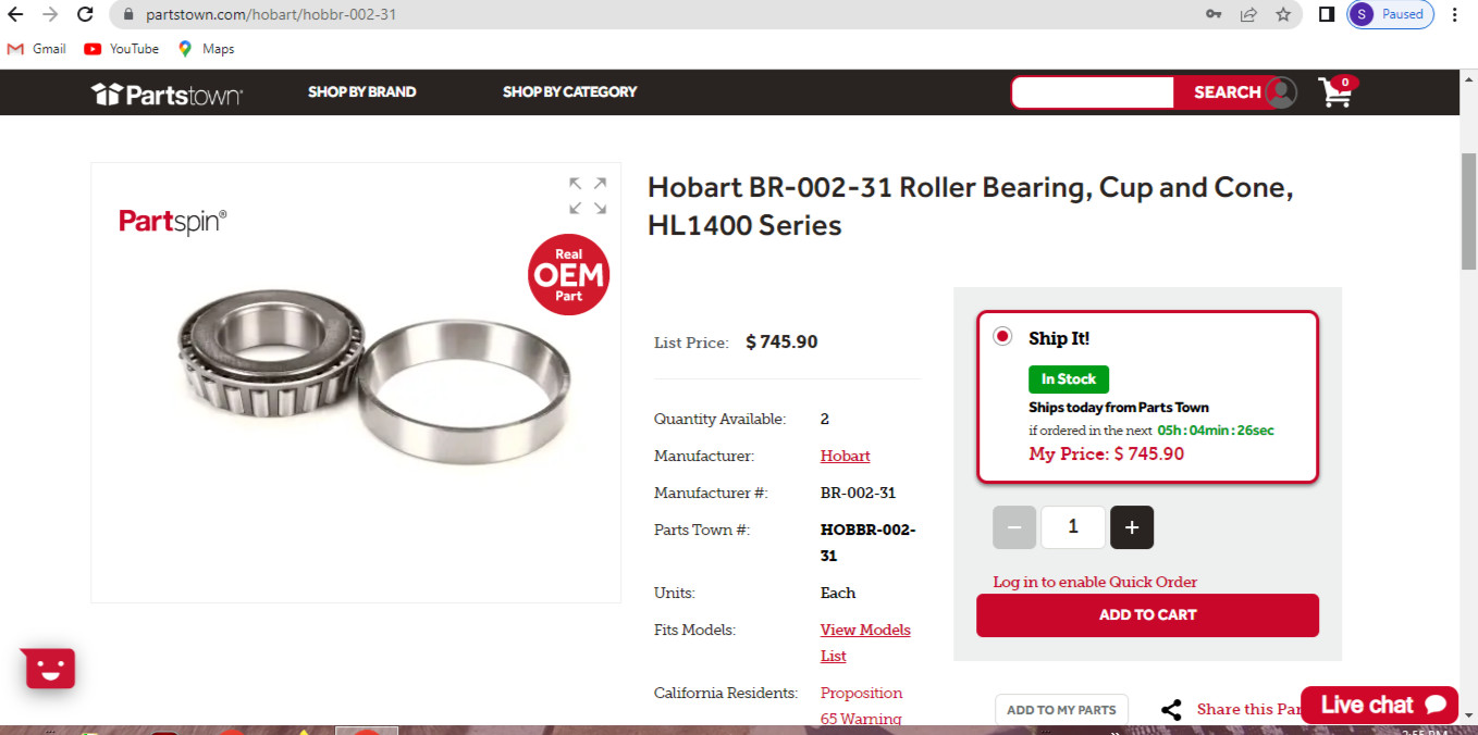 Hobart Bearing V1401 HL1400 140qt mixer part number BR-002-31