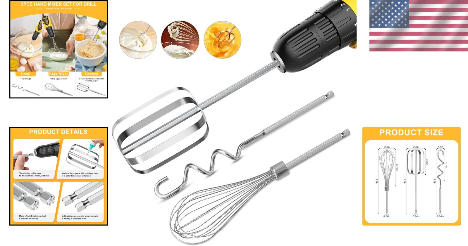 Mixer Accessories Set for Drills – 3-Piece Stainless Steel